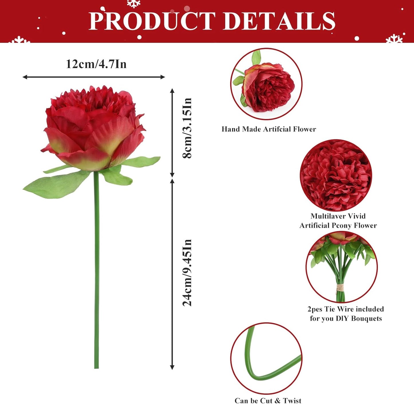 U'Artlines 20 Heads Artificial Peony Silk Flower Leaf for Christmas Holiday New Year Home Office Wedding Party Festival Bar Decor (Red)