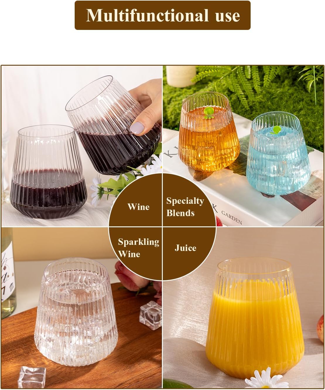 Goodluck 36 Pack 12oz Stemless Plastic Wine Glasses – Clear Ribbed Cups, Elegant Reusable Disposable Drinkware for Weddings, Parties, Bars, Indoor and Outdoor Events