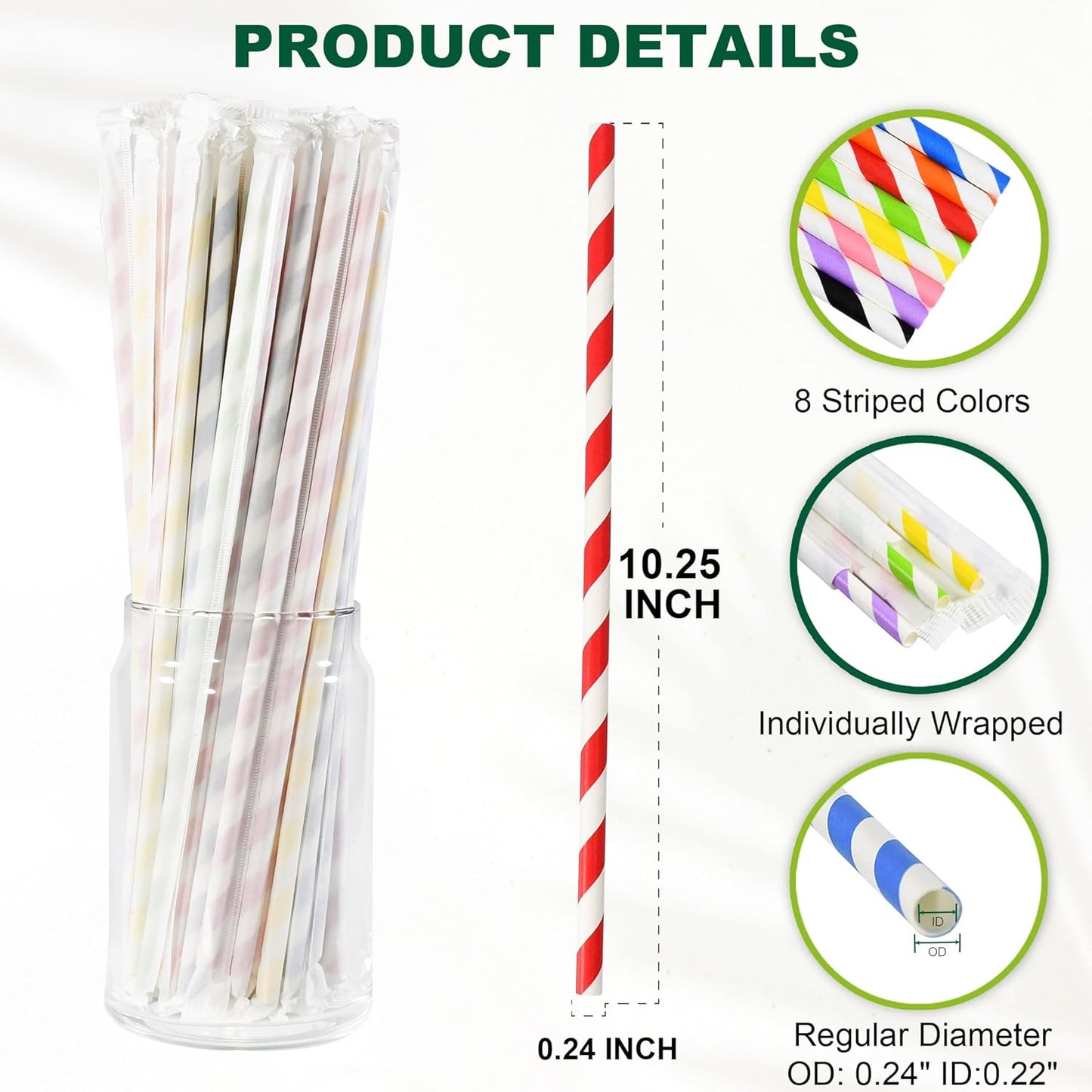 10.25 Inch Long Disposable Paper Straws Biodegradable Individually Wrapped, 0.24" Dia. (Colorful Stripes, 400 ct.) - Sturdy Durable
