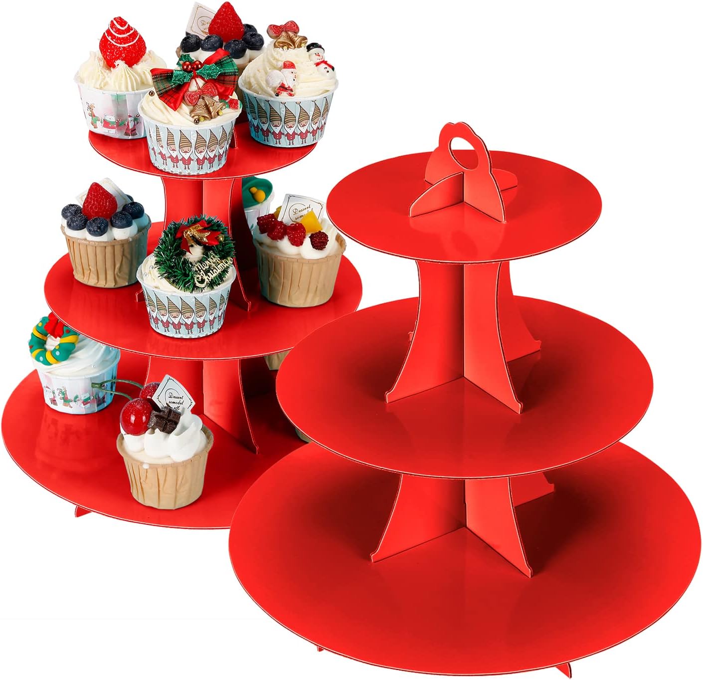 2Pcs 3-Tier Cupcake Stand, Cake Stand holder, Tiered DIY Cupcake Stand Tower for Dessert Table Displays, Birthday Theme Party Favors Decoration, Floral Tea Party, 12" W x 12.8" H, Red