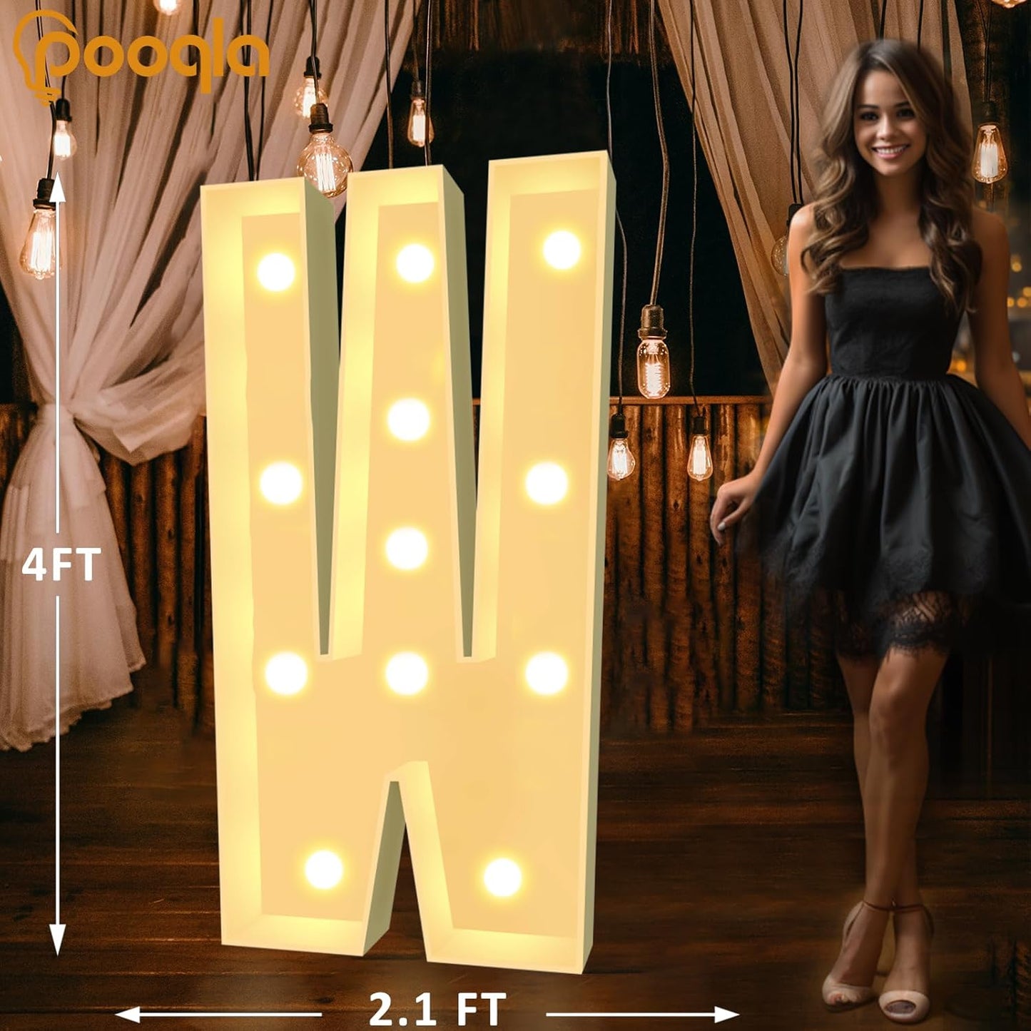 Pooqla 4 FT Marquee Light Up Letters, Cool White and Warm White Marquee Letter 4 Feet Tall, Giant LED Sign Big Mosaic Letter W for Balloons Birthday Party Anniversary Wedding Decorations