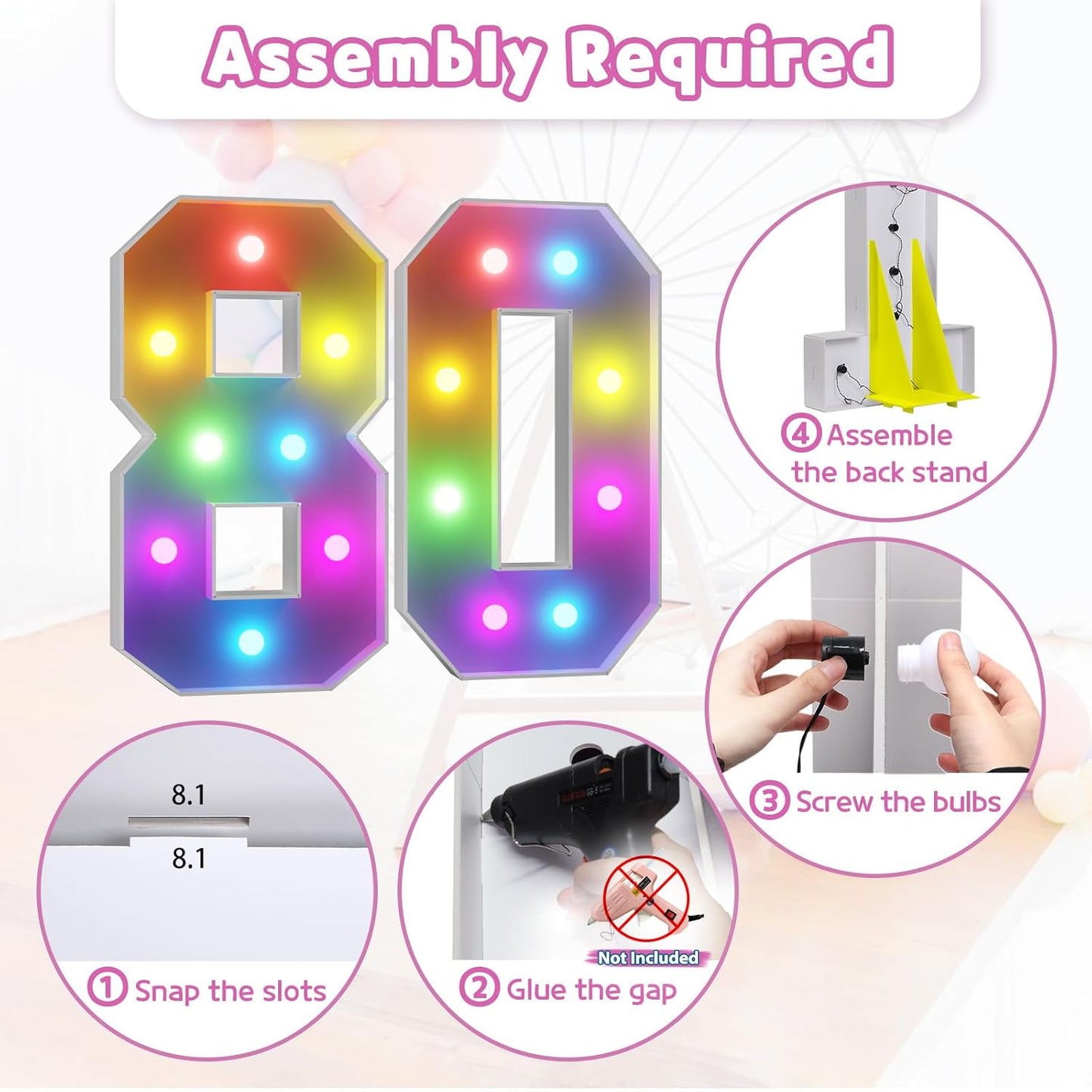 Marquee Numbers 80th-Birthday Decoration: Colorful 3FT Large Light Up 80 Year Old Birthday Decorations Anniversary Backdrop for Boys Girls Cardboard Sign 18 Colors Number 80 Mosaic Balloon Frame