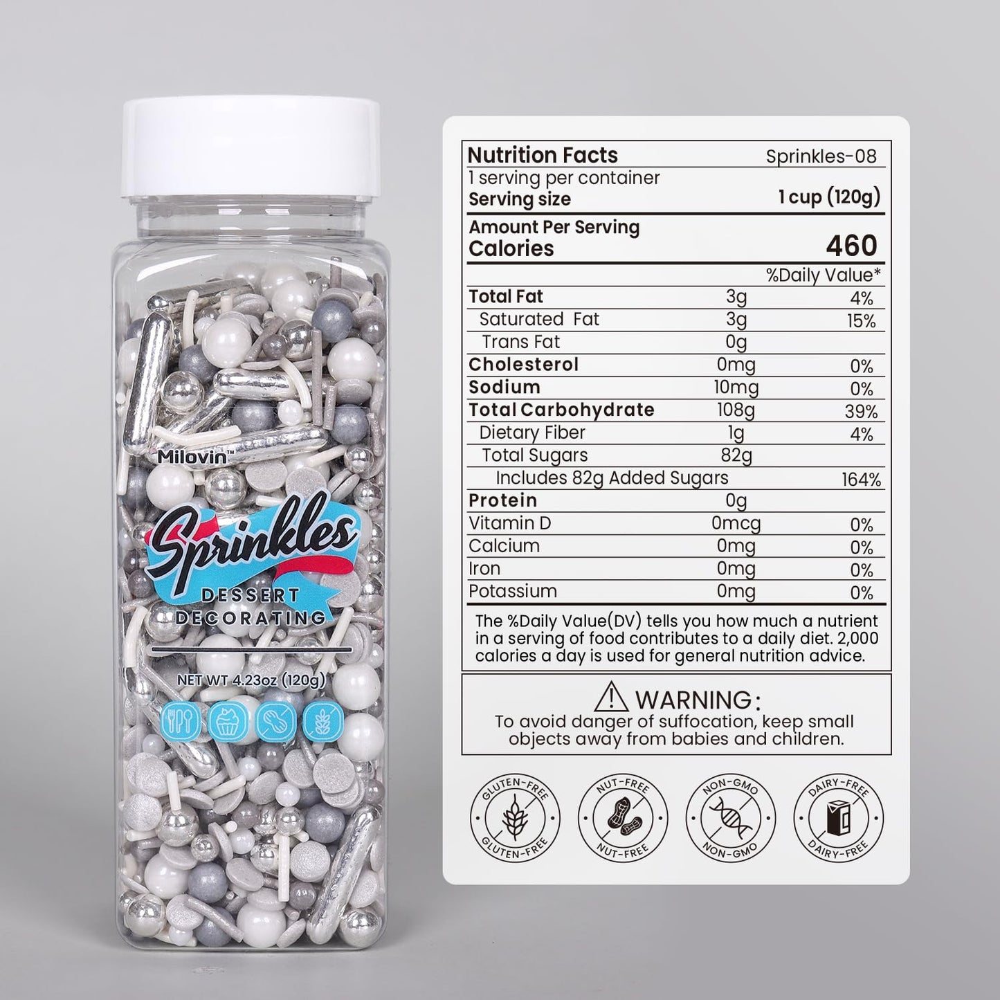 Silver Sprinkles for Cake Decorating, Silver Rob Sprinkles, Silver Pearl Sprinkles, Jimmy Sprinkles, Perfect for Cupcakes, Macaron, Cookies, Waffles, and Ice Cream Topping(120g/4.23oz)
