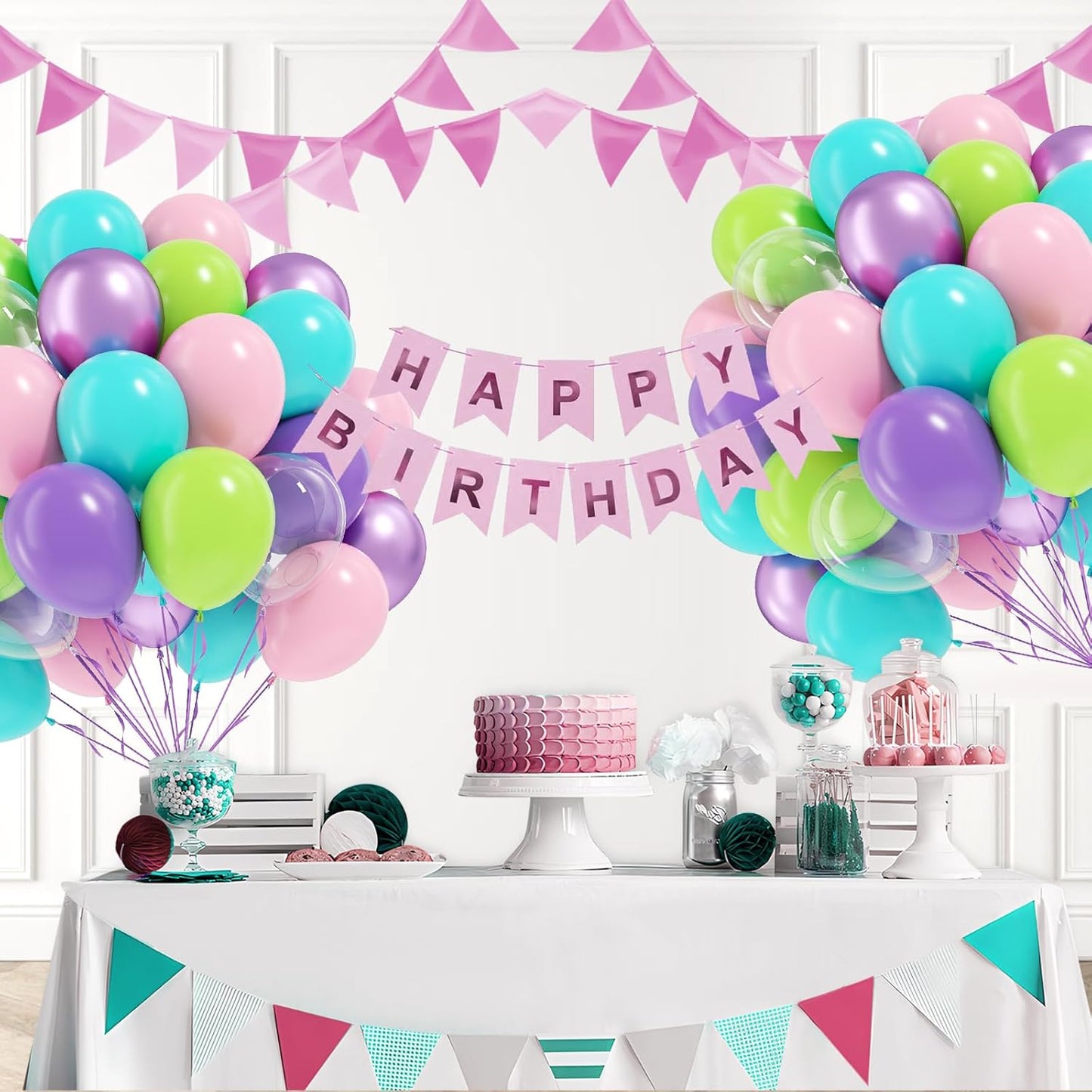 60pcs Blue and Green Balloons 12inch with Metallic Purple Lime Green Teal Light Pink Clear Balloons for Baby Shower Birthday Party Decorations