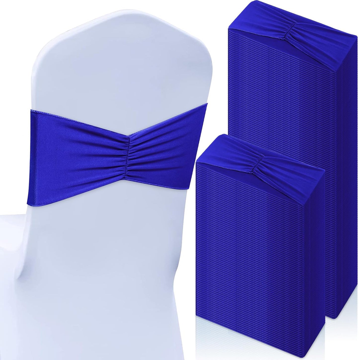 Moukeren 100 Pcs Spandex Chair Sashes Bows Bands Slider Sashes for Chair Covers Elastic Bands Ties Ribbon Decorations for Wedding Party Events Ceremony Birthday Banquet(Royal Blue)
