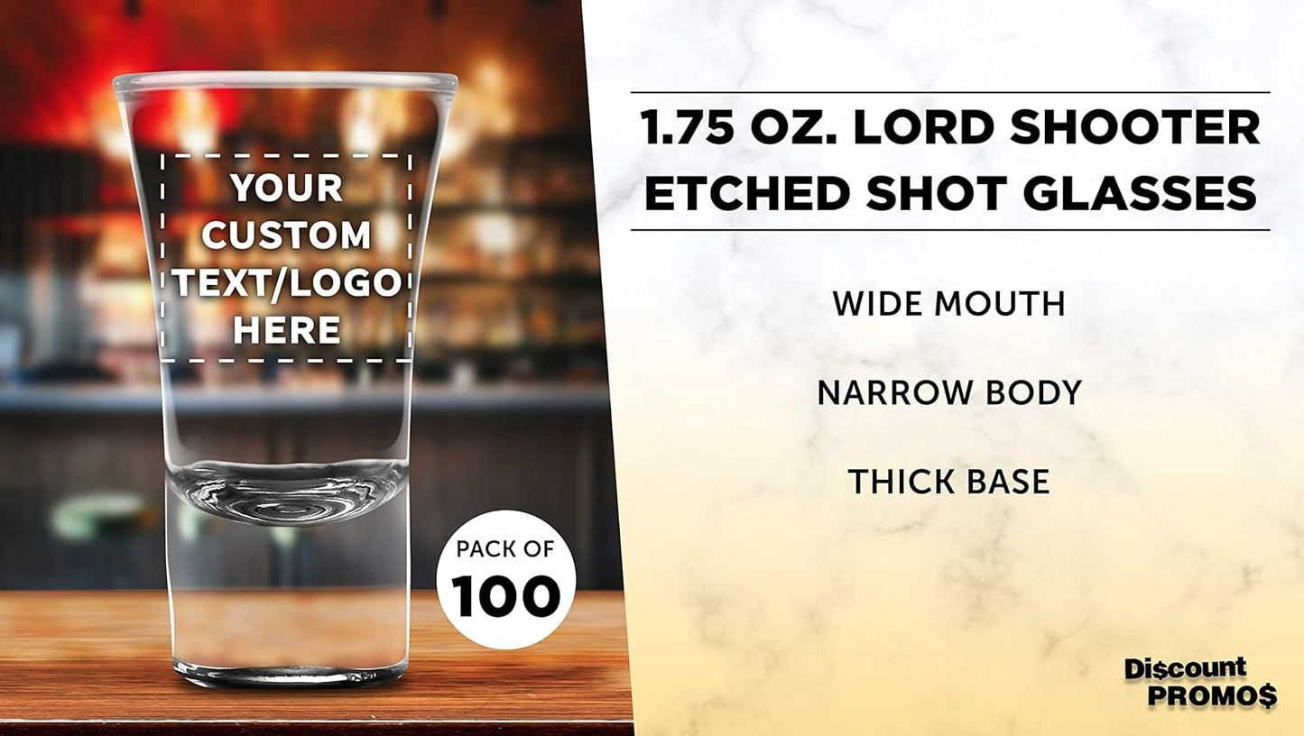 Custom 2 oz. Lord Shooter Etched Shot Glasses, 100 pack, Personalized Text, Logo, 21st Birthday Party, Lounge Glassware, Black