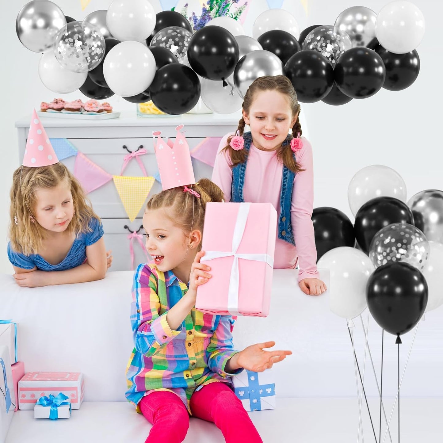 100pcs Black White Silver Balloon Kit - 12 Inch Metallic Silver Black White Confetti Balloons for New Year Eve Party Anniversary Birthday Graduation Decorations (66ft Ribbons)