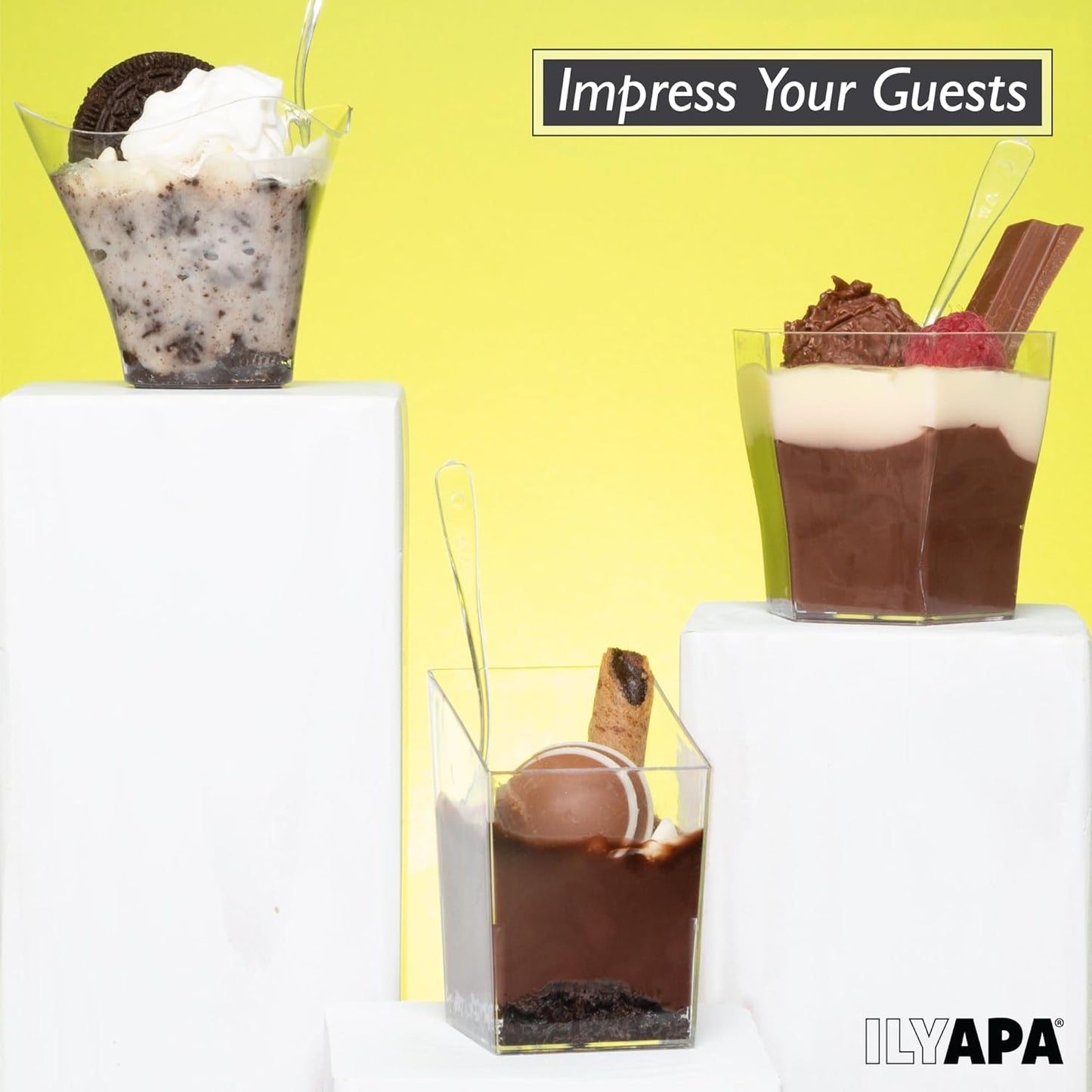 Ilyapa 3oz Plastic Dessert Cups - 100 Pack Mini Dessert Cups with Spoons - Small Clear Reusable for Cheesecake Shooters, Chocolate Mousse, Parfait - Party and Catering Supplies - Slanted