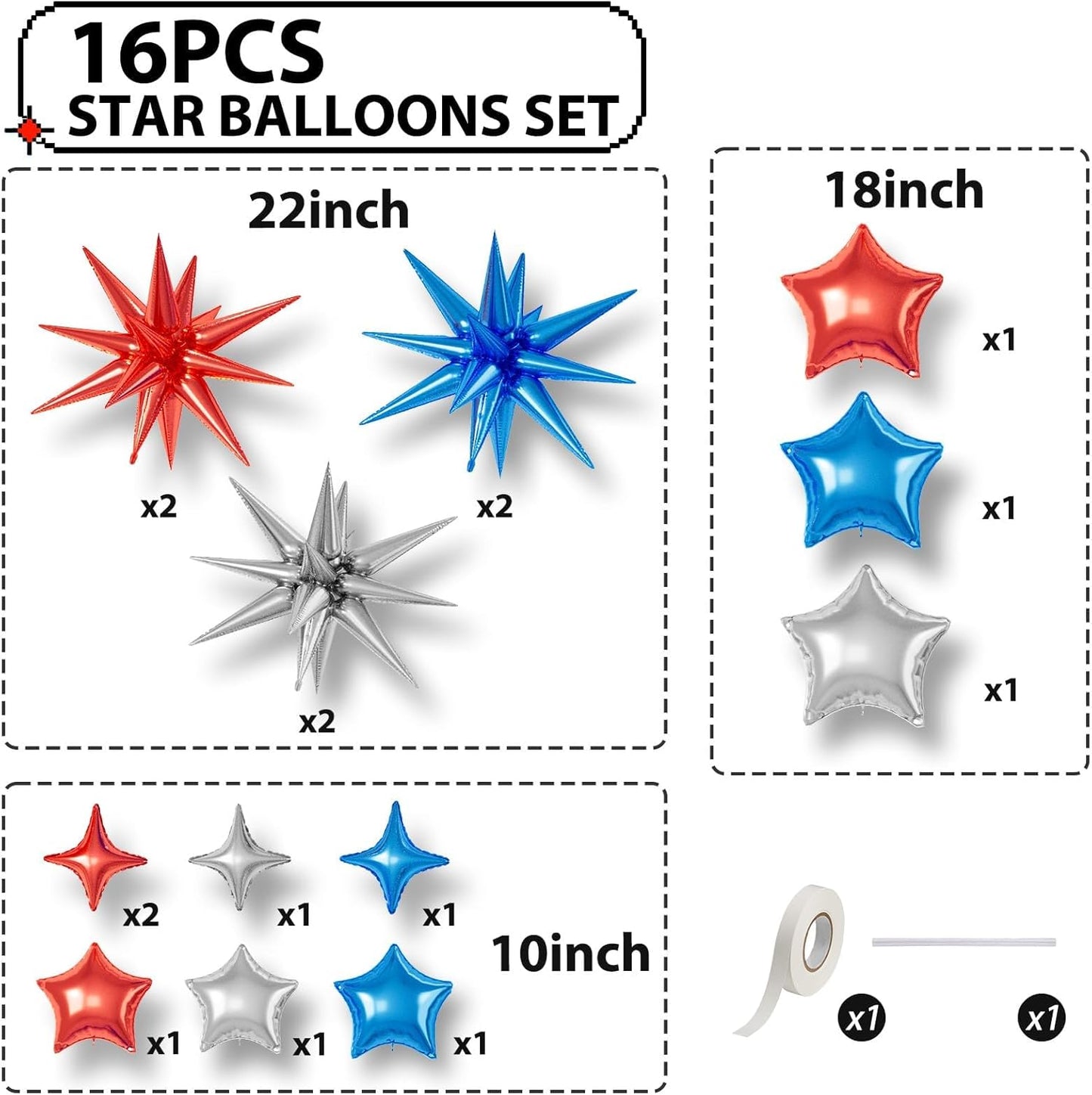 16 Pcs Red Blue Silver Star Balloons,22/18/10 Inch Foil Balloons, Four-Pointed Balloon for Kids Boy Birthday Graduation Wedding Baby Shower Party Decoration