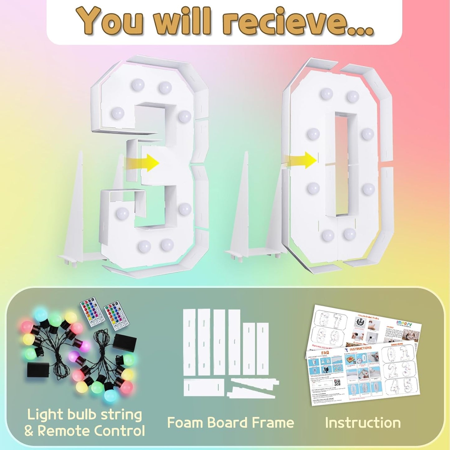 Marquee Numbers Colorful 30th-Birthday Decoration: 4FT Large Light Up 30 Year Old Birthday Decorations Anniversary Backdrop for Men Women Cardboard White Sign 18 Colors Number 30 Mosaic Balloon Frame