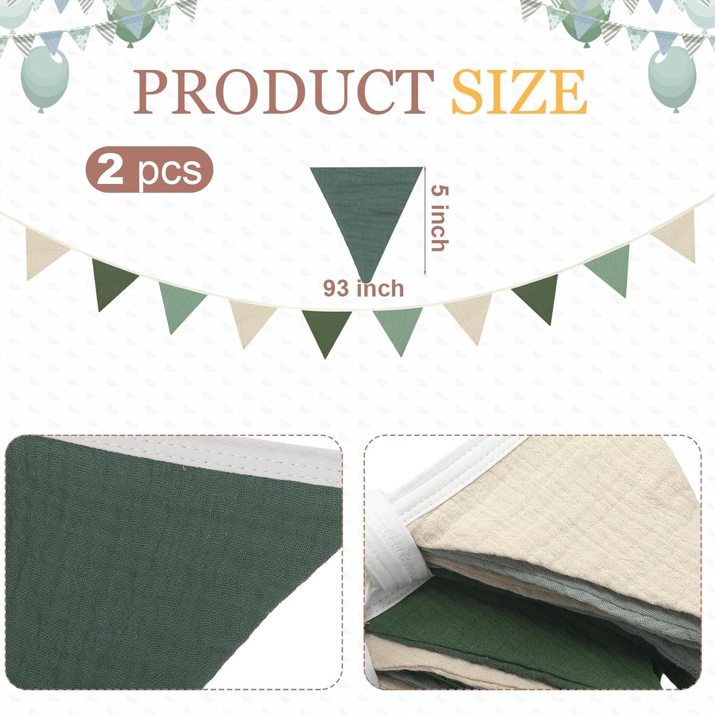 Oudain 15.5 ft Pennant Banner Flags, 2 Pcs Nursery Garland Triangle Bunting Flag Baby Banner for Nursery Decor Baby Birthday Boho Wedding Shower Party Event, Each 7.75 ft (Fresh Natural Color)