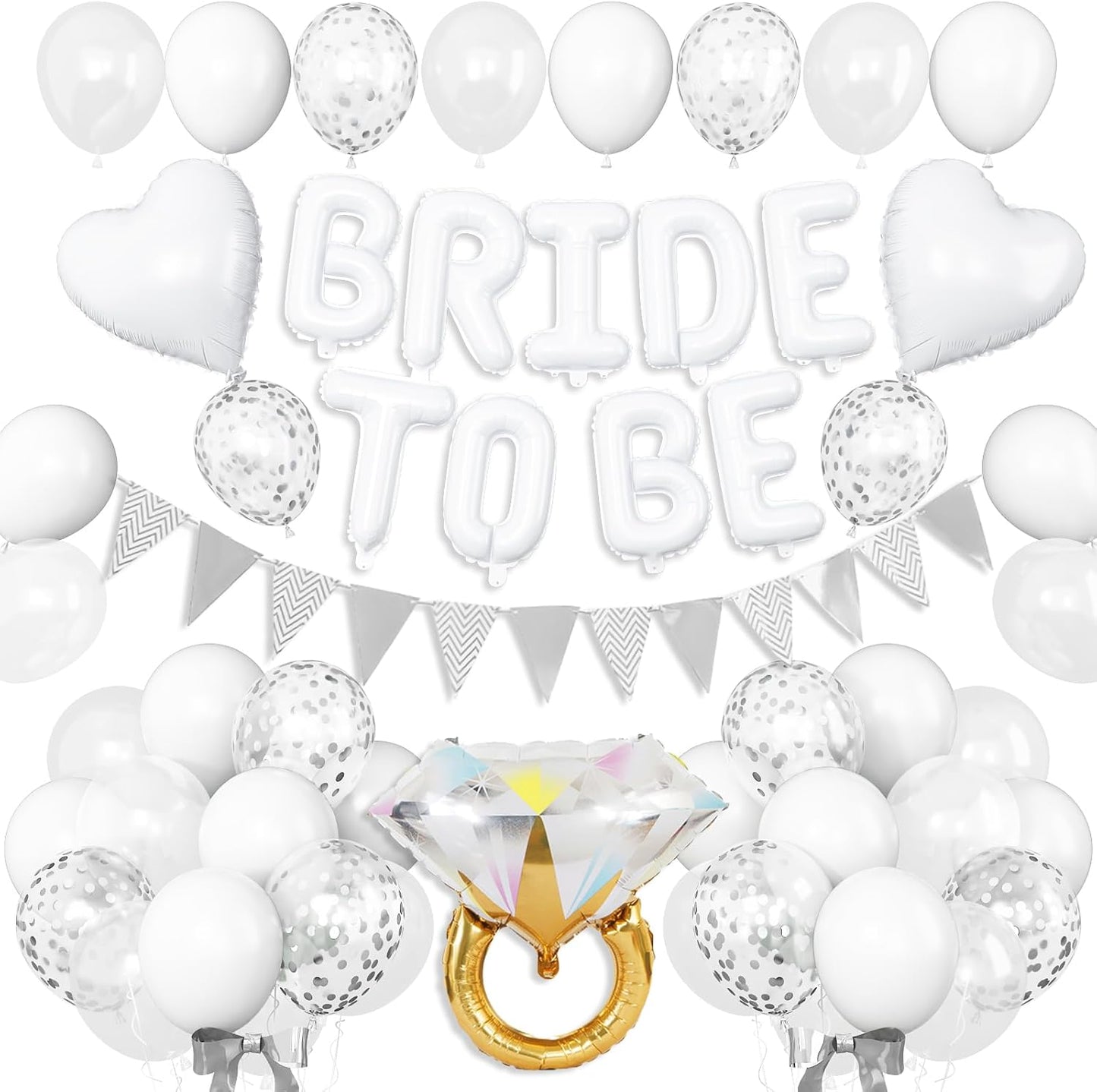 White Bachelorette Party Decorations, White Bride To Be Bridal Shower Balloons Decorations, Silver Confetti Balloon with Diamond Ring Heart Balloon for Bachelorette Engagement Wedding