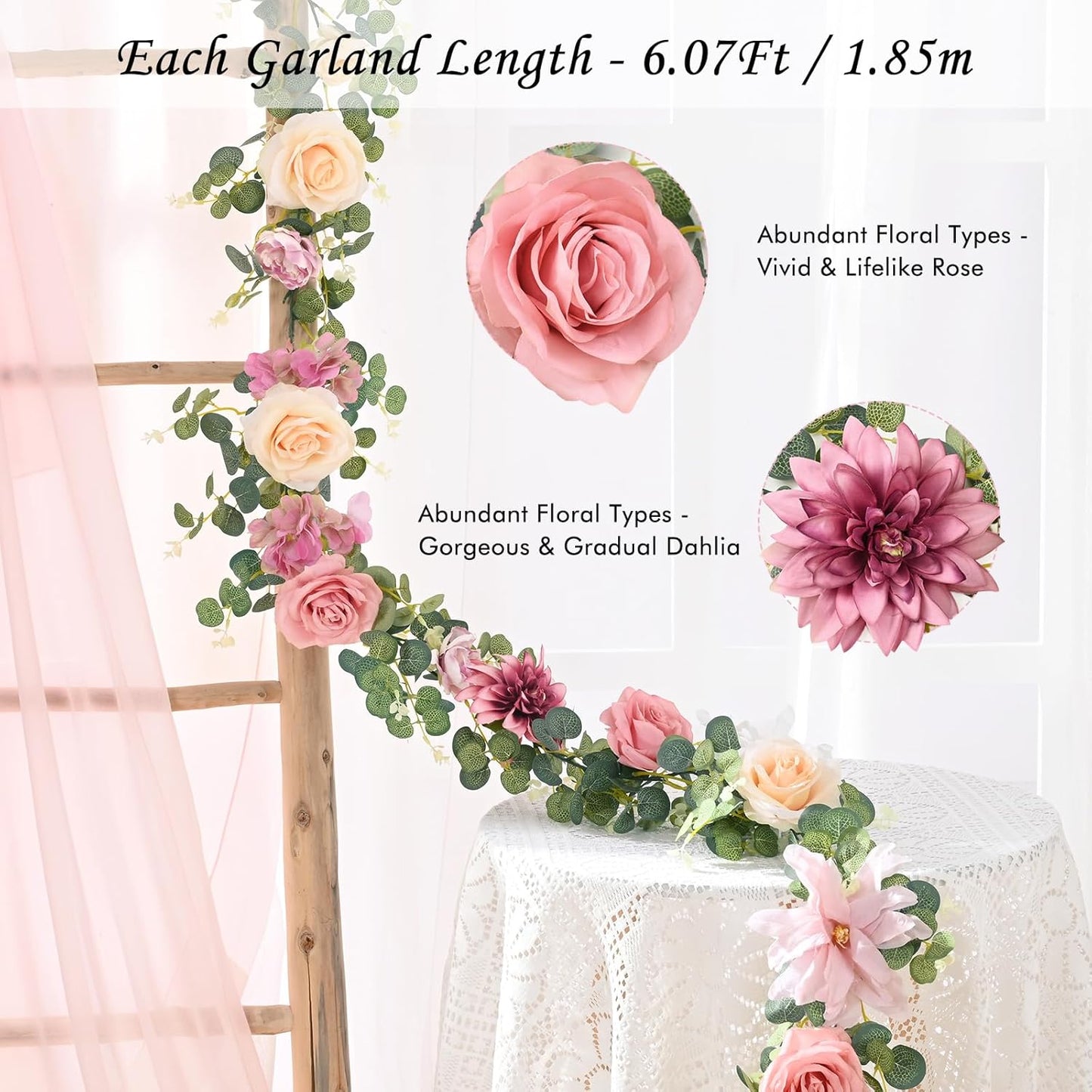 Waipfaru Flower Garland Decorations, 6.07Ft Pink Floral Rose Garland, Artificial Eucalyptus Greenery Vines with Flowers for Wedding Table Runner Centerpieces Backdrop Room Decor (Pink)