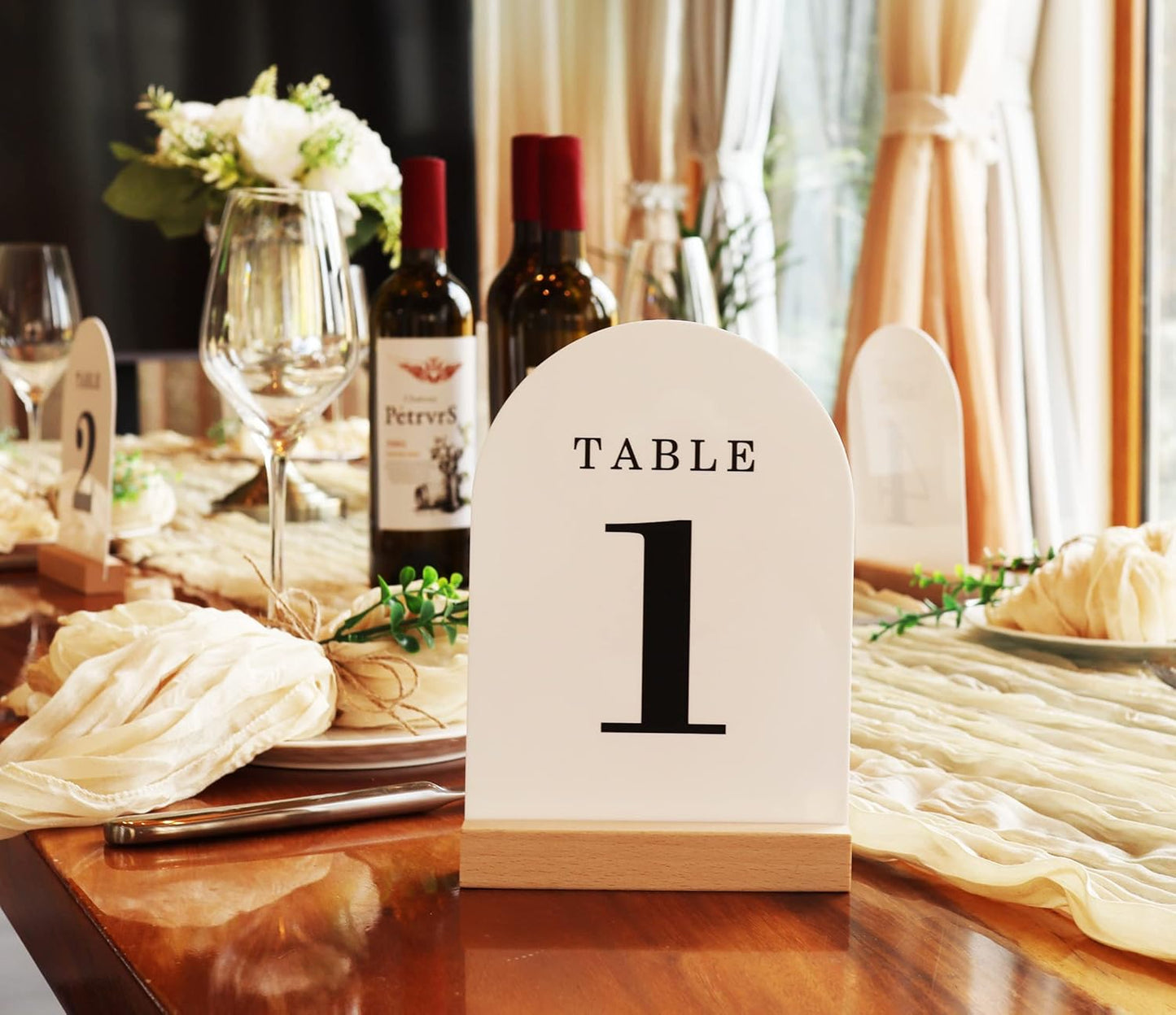 Wedding Table Numbers 1-10, Acrylic Arch Signs with Natural Wood Stands Holders, Rustic Table Decor for Reception & Parties (White Black)