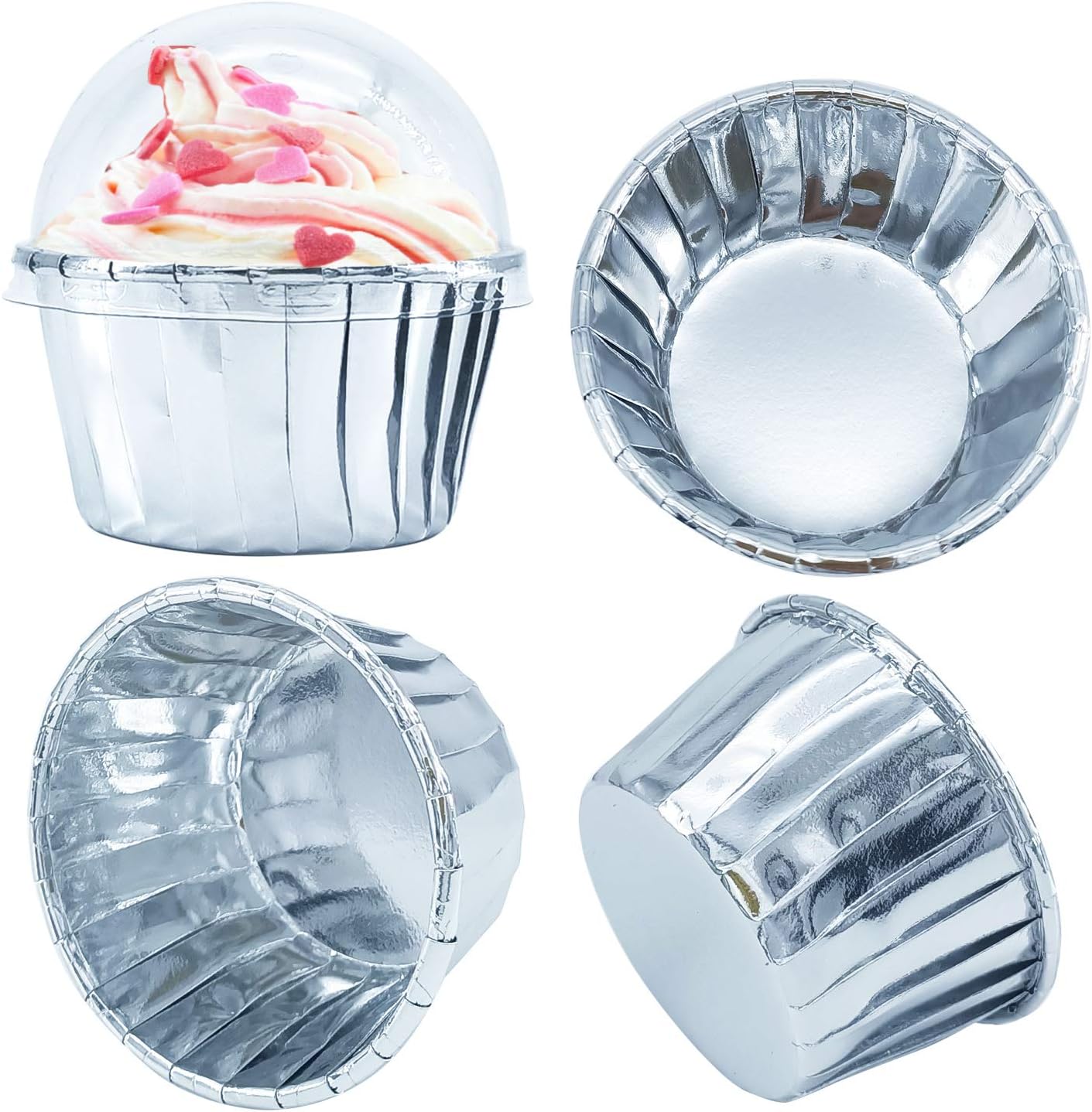 Foil Cupcake Liners with Lids 100Pack,Free-Air 3.5Oz Foil Baking Cups Mini Muffin Liners,Disposable Muffin Tins Muffin Cups,Sturdy Baking Tins Cupcake Wrappers for Individual Bakery,with Spoons-Silver
