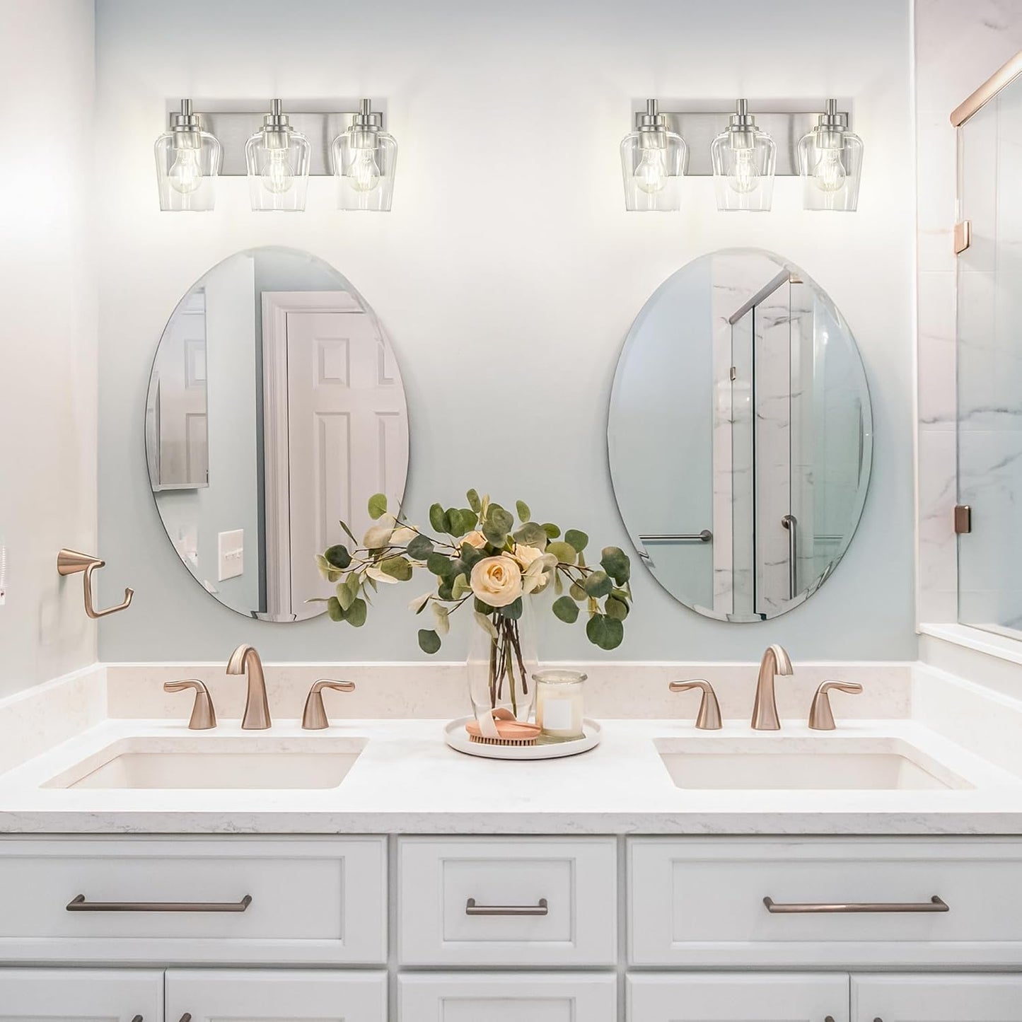 Bathroom Light Fixtures, 3-Light Modern Vanity Light with Clear Glass Wine Glass-Shaped Shade, Vanity Lighting Fixtures Over Mirror, Brushed Nickel, VL155-BN-3