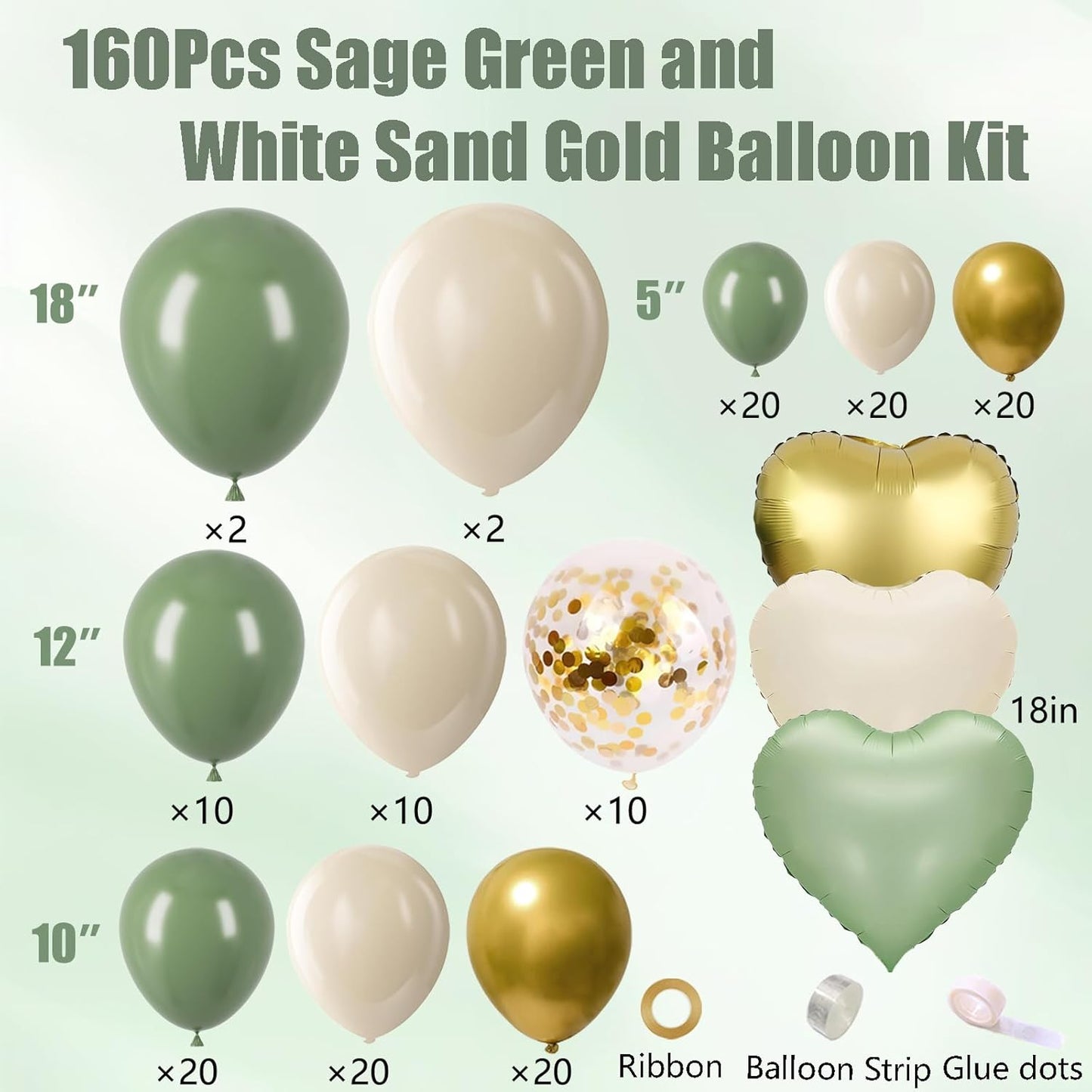 160Pcs Sage Green Gold Balloon Garland Arch Kit, Olive Green White Sand Gold Confetti Balloon with Heart Foil Balloons for Baby Shower Birthday Wedding Engagement Party Decorations