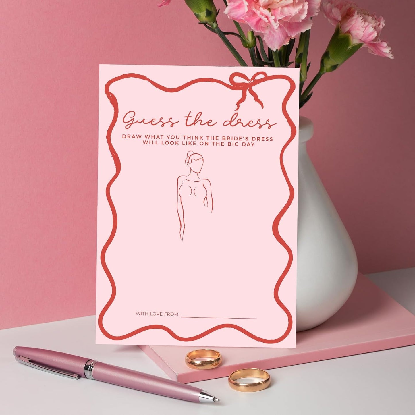 DEEKA 30 PCS Bridal Shower Games Card for 30 Guests Pink Wavy Border Ribbon Bow Funny Wedding Bachelorette Party Games for Reception (Guess The Dress)