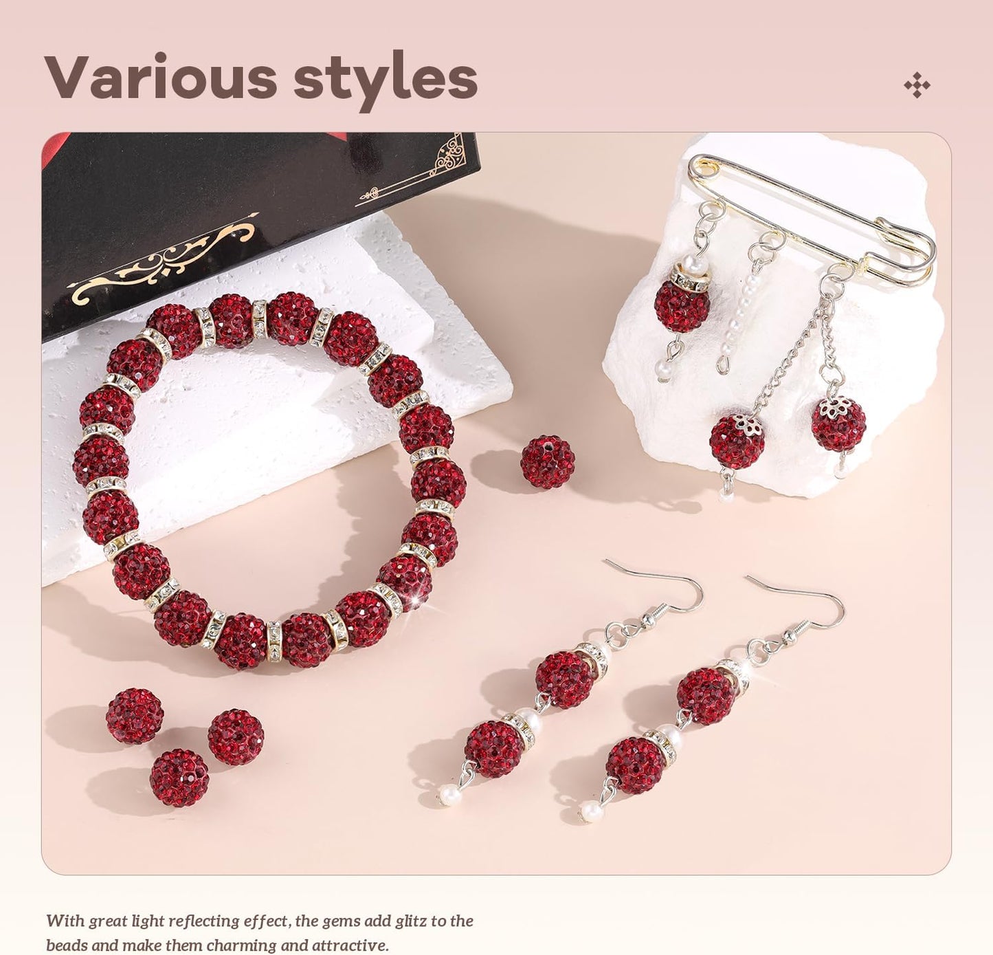 105pcs 10mm Rhinestone Beads for Jewelry Making, Dark Red Shiny Round Disco Ball Beads Bulk, Sparkle Crystal Clay Christmas for Bracelet Baseball Necklace Earring Crafting and DIY