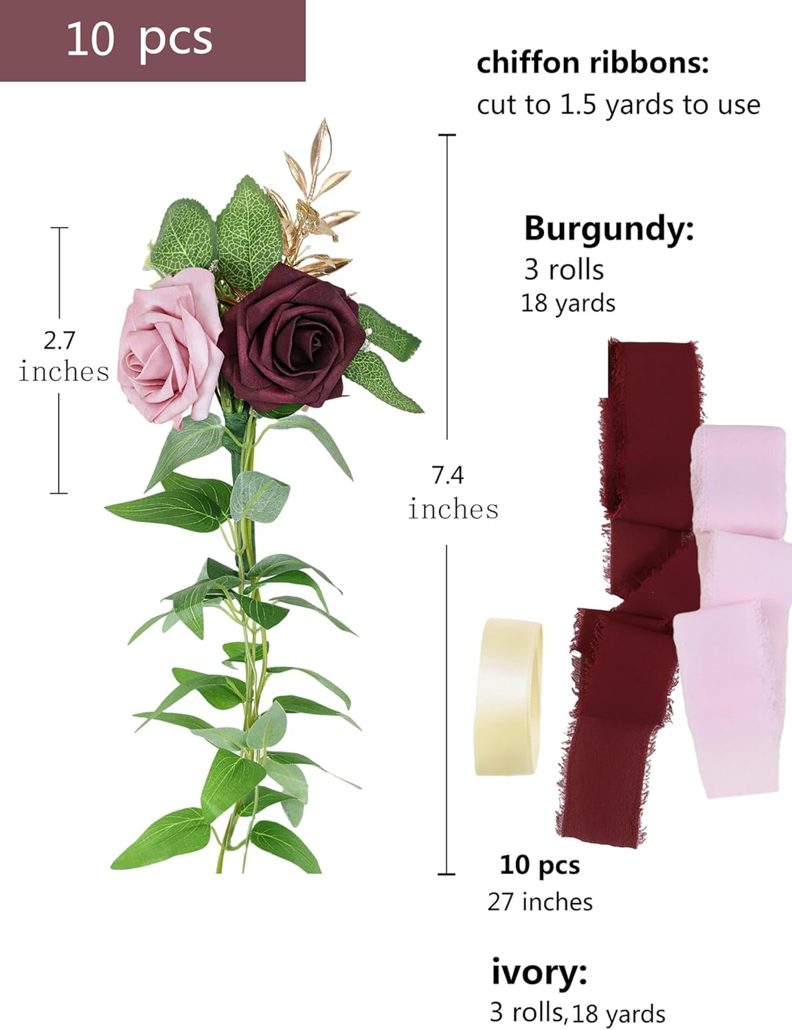 Meldel Wedding Aisle Decorations for Ceremony 10 Pcs/Set Burgundy Pink Rose Garland with Hanging Ribbons Church Chair Decorations Party Decor Arrangement Wedding Pew Decor Flower