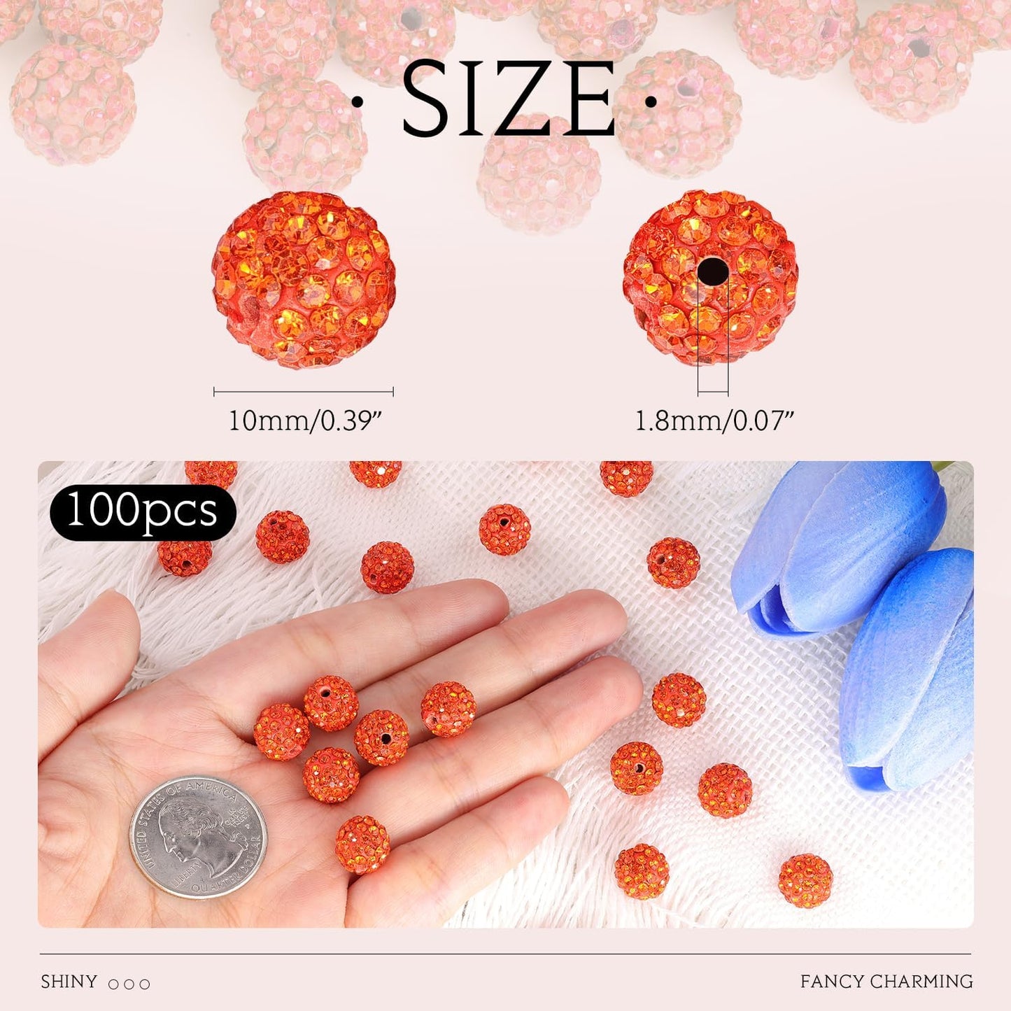 100 pcs 10mm Rhinestone Beads for Jewelry Making, Orange Shiny Round Shamballa Disco Beads Bulk, Sparkle Crystal Clay Christmas for Bracelet Baseball Necklace Earring Crafting and DIY