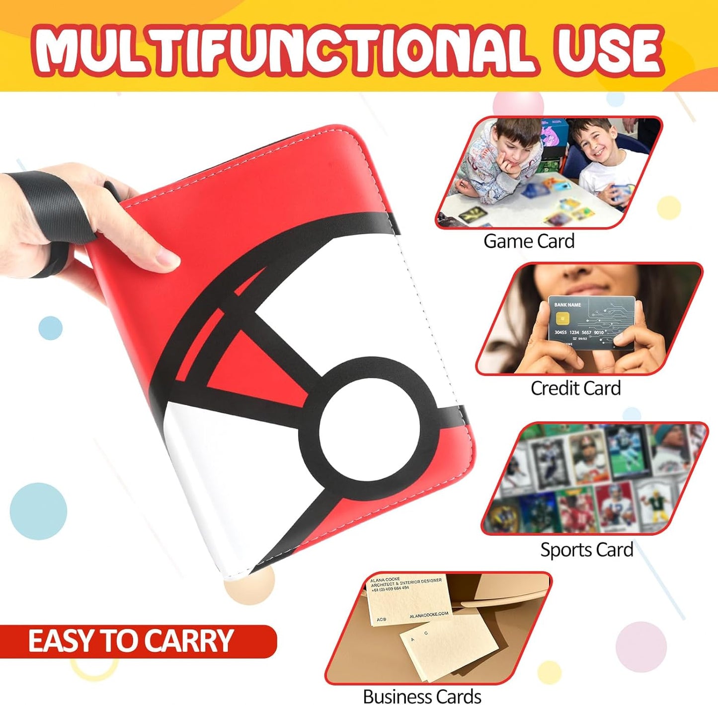 Trading Card Binder 4-Pockets, 400 Pockets Card Holder with 50 Removable Sleeves, Large Capacity & Waterproof Zipper Album Holder for Trading Card Collector, Portable Card Album Book for Game Card-Red