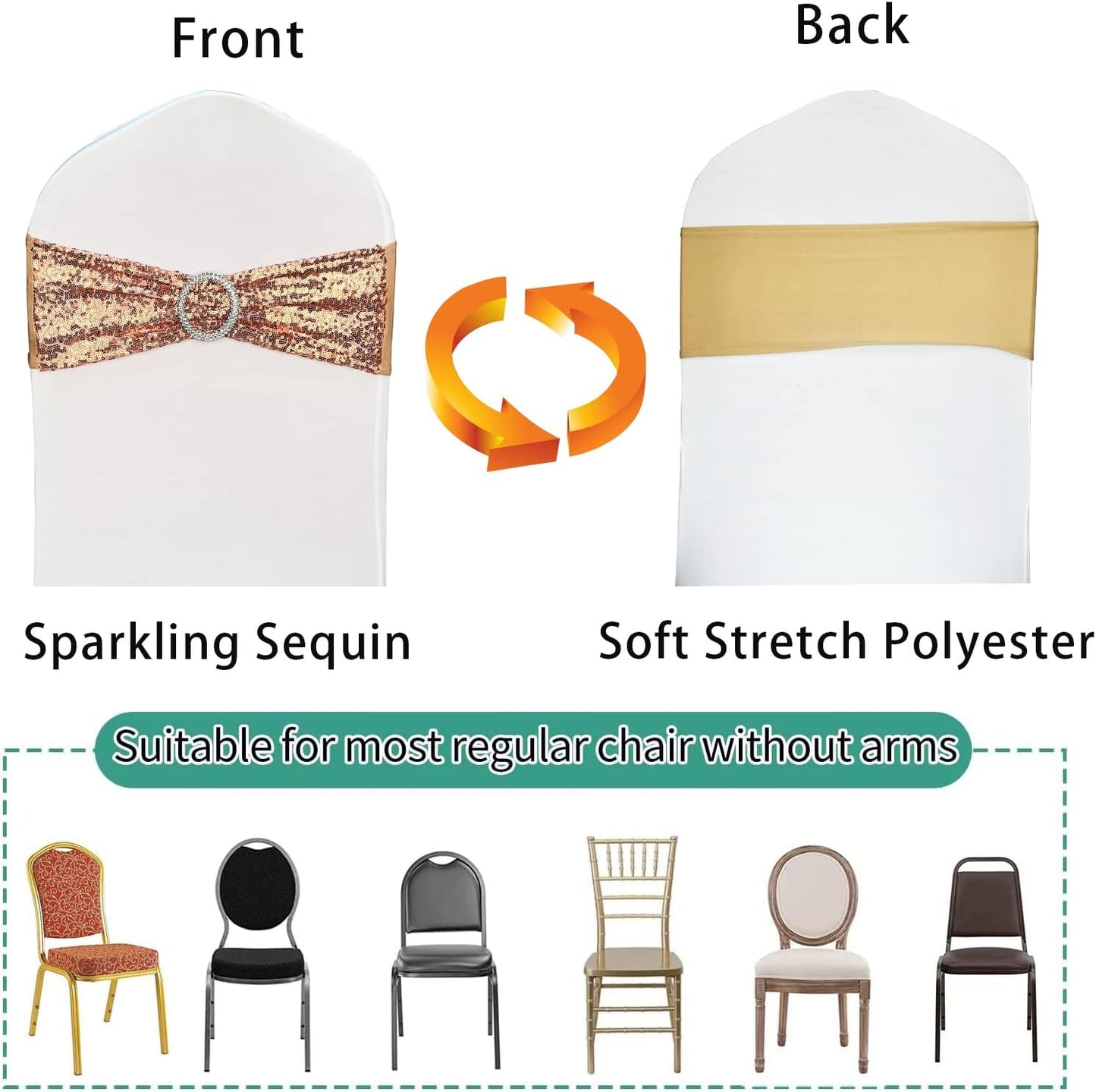 Chair Sashes Sequin Stretch Chair Bands Spandex Polyester Bows for Party Hotel Wedding Banquets Decoration - 6 Pcs Rose Gold