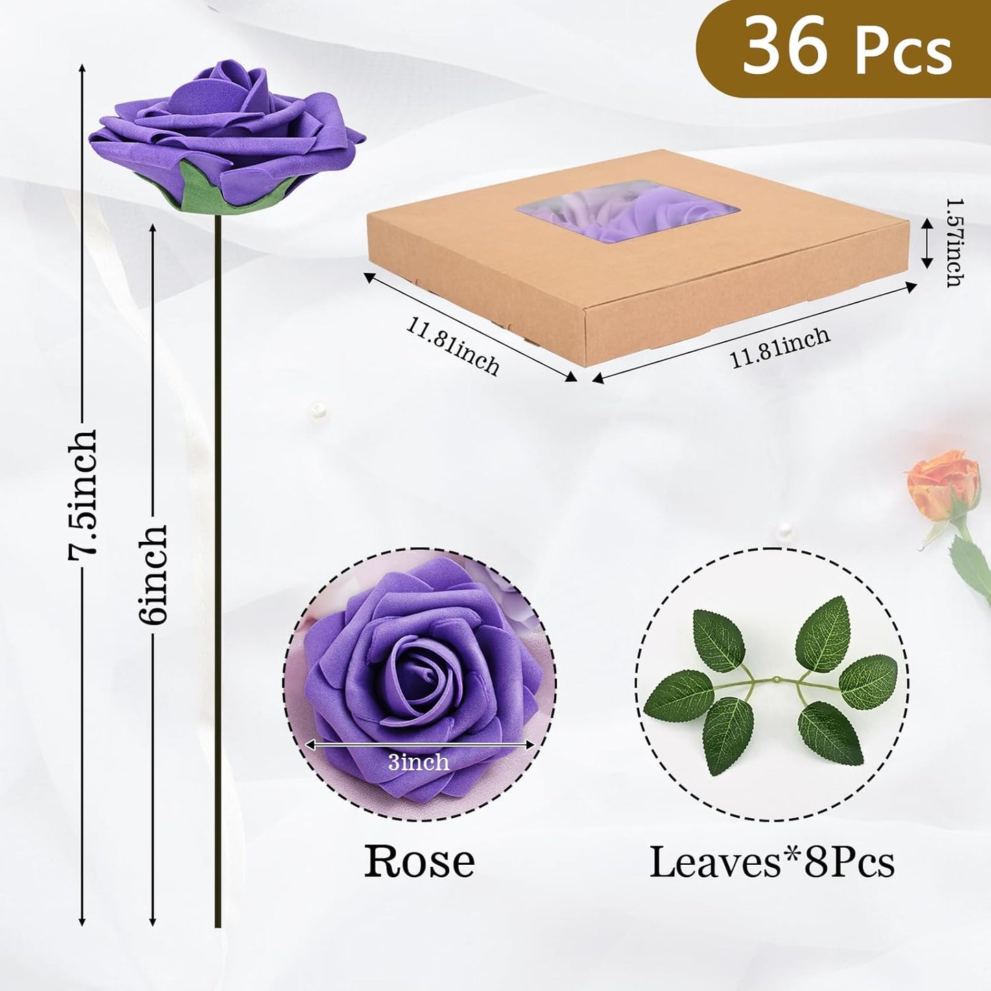 BLEUM CADE 36Pcs Artificial Flowers Fake Roses with Stems, Gradient Purple Boxed Foam Roses for DIY Bouquets Centerpieces Wedding Party Arrangement Bridal Shower Decor