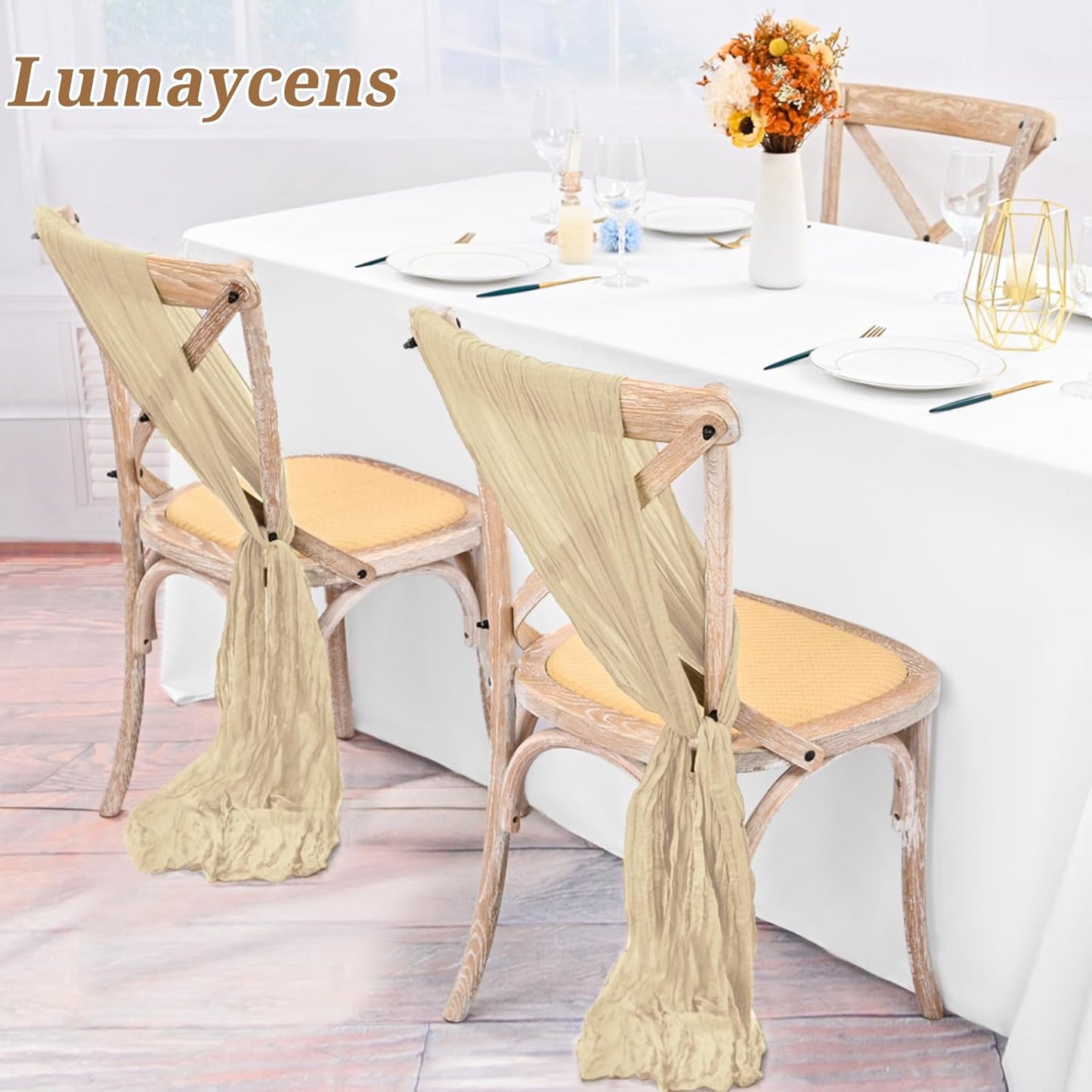 50 PCS Cheesecloth Chair Sashes Bows Wedding Aisle Decorations Chair Ribbon Ties Back Sash for Wedding Party Events Banquet Chair Cover Decoration (Beige)