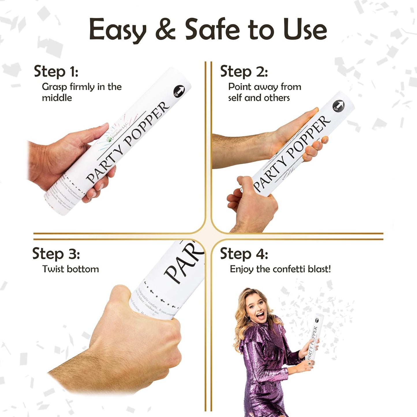 Clover Products 12" Biodegradable Confetti Cannons | 6 Pack | White Poppers for Weddings, Birthdays & Events | Air-Powered, Safe & Easy to Use | Shoots 25 Feet for Indoor & Outdoor Celebrations