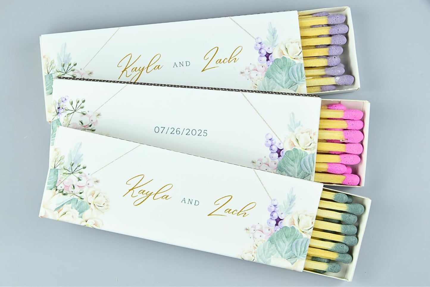 10 Boxes - Customized Matchboxes Colorful Tips (Wedding Design #5, 4" Matchboxes) (4" Matchsticks, Wedding Design #5)