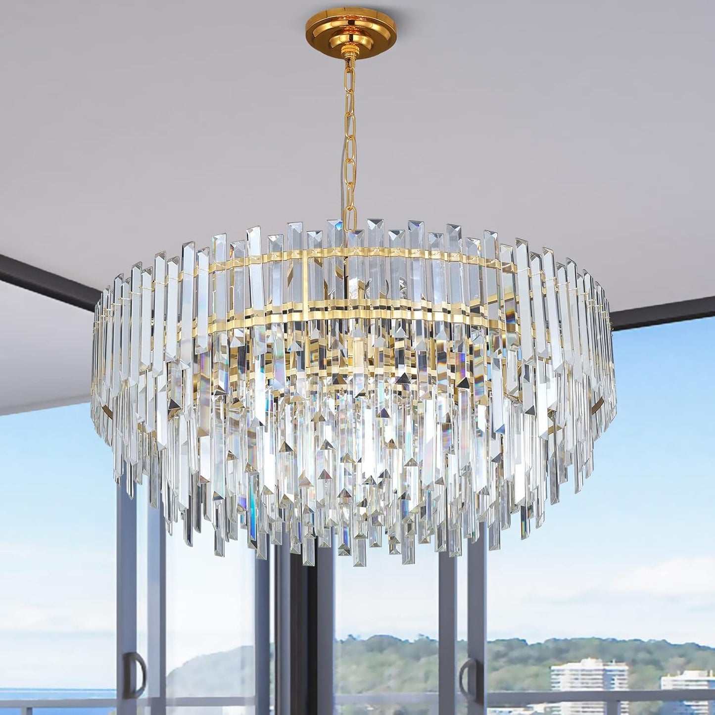 Gold Copper Crystal Chandelier Lighting 31'' for Dining Rooms Bedroom Foyer Entryway Ceiling Hanging Pendant Chandelier Light Fixture Lamp