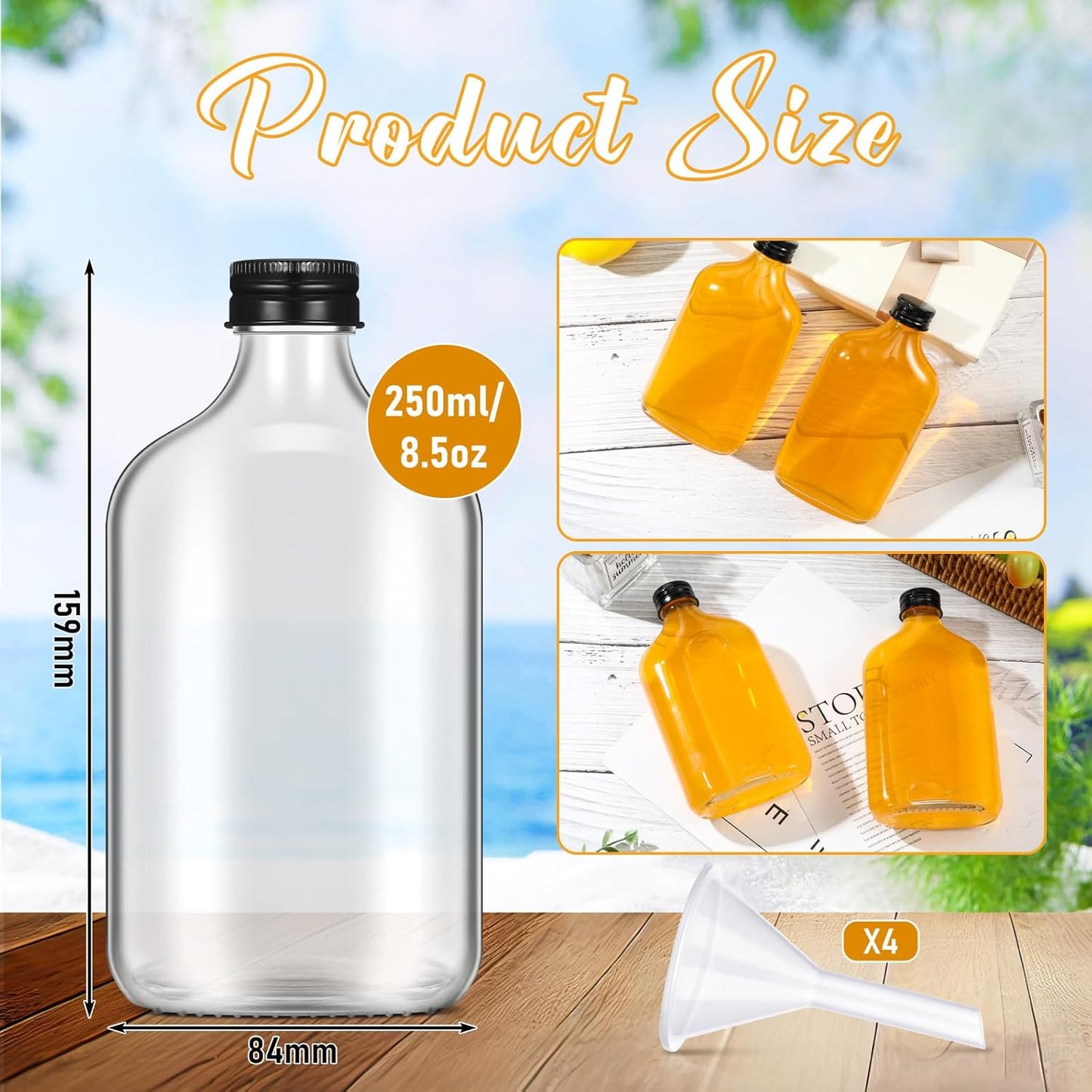 Gejoy 24 Pcs Mini Liquor Bottles Reusable Glass Flask Bottles with Black Caps Clear Empty Alcohol Shot Jars Small Champagne Jars with 4 Funnels for Wine Weddings Party Favors Christmas(8.5 oz)