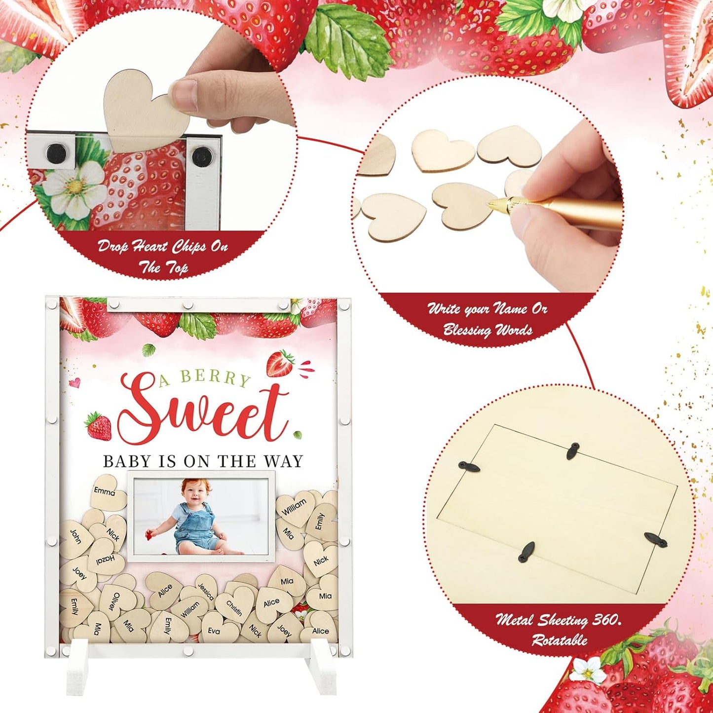 65 Pcs Strawberry Baby Shower Guest Book Berry Theme Baby Shower Decorations Alternatives He or She Gender Reveal Decorations Sign in Guest Book with Picture Frame and 60 Wooden Chip