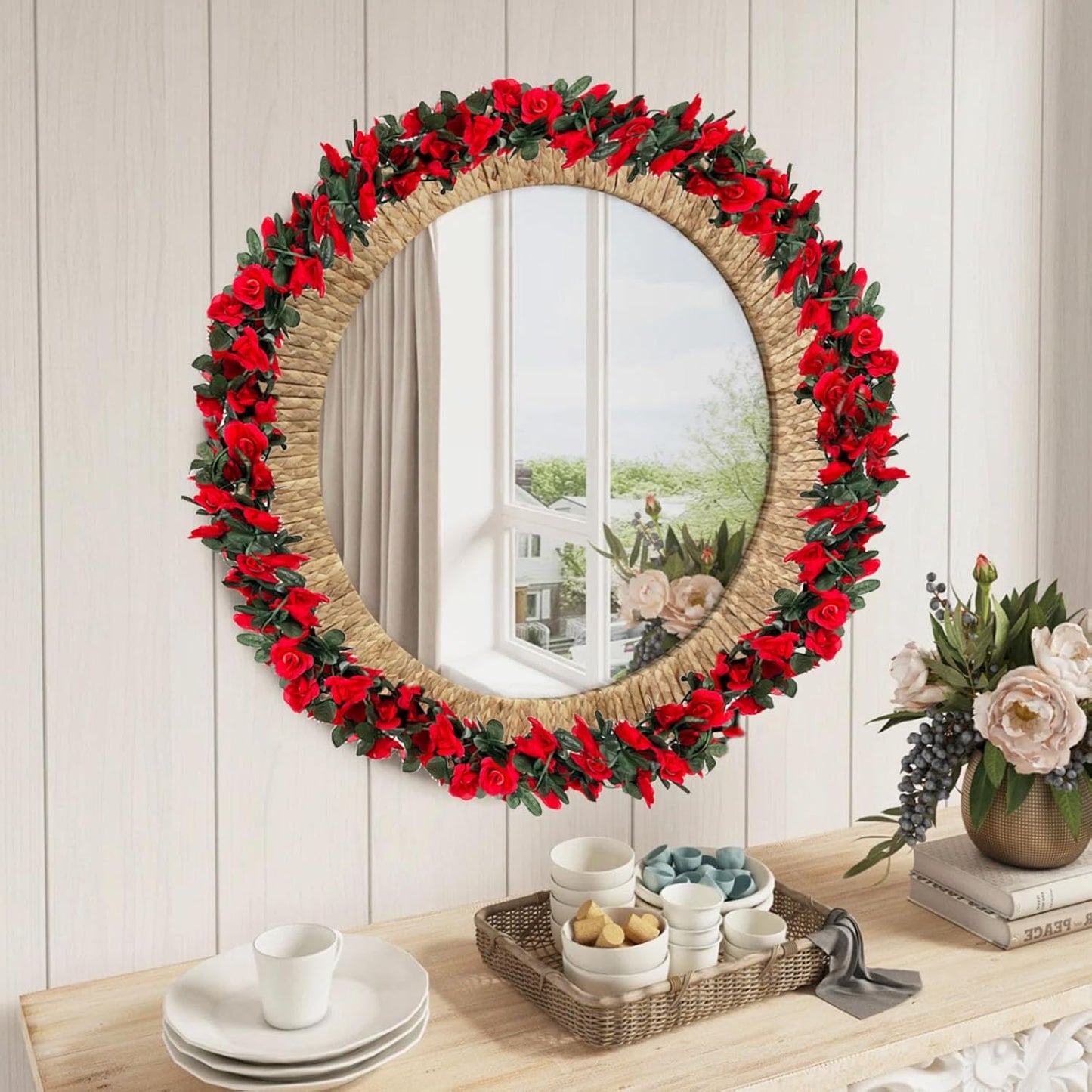 16Pcs 126Ft Red Rose Garland, Fake Rose Hanging Flowers, Artificial Flower Vine, Hanging Floral Vine Garland for Wedding, Birthday Party, Wall Arch, Halloween, Christmas Garden Backdrop Decor