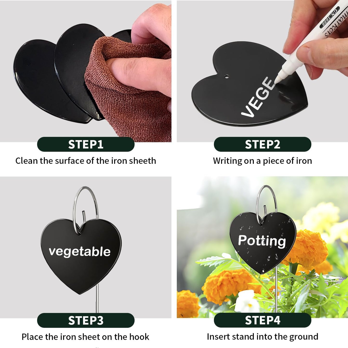 60-Pack Iron Metal Heart Shaped Garden Markers Weatherproof Metal Plant Labels Large Planting Seedling Stake Signs, for Seedlings Herbs Vegetable Greenhouse Gifts with White Marker Pen Labels