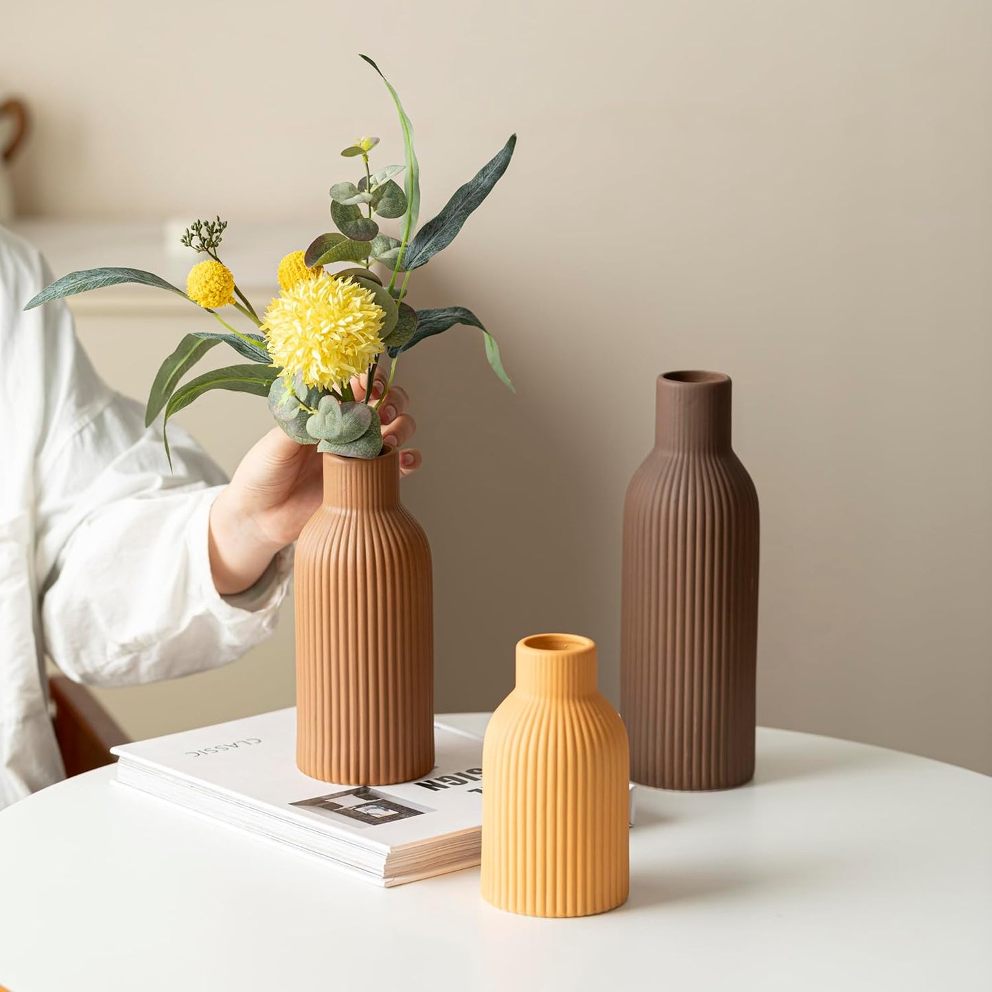 Modern Ceramic Vases Set of 3, Coffee Table Ribbed Decorative Vases, Shelf Table Centerpiece for Home Decor (Coffee Mix)