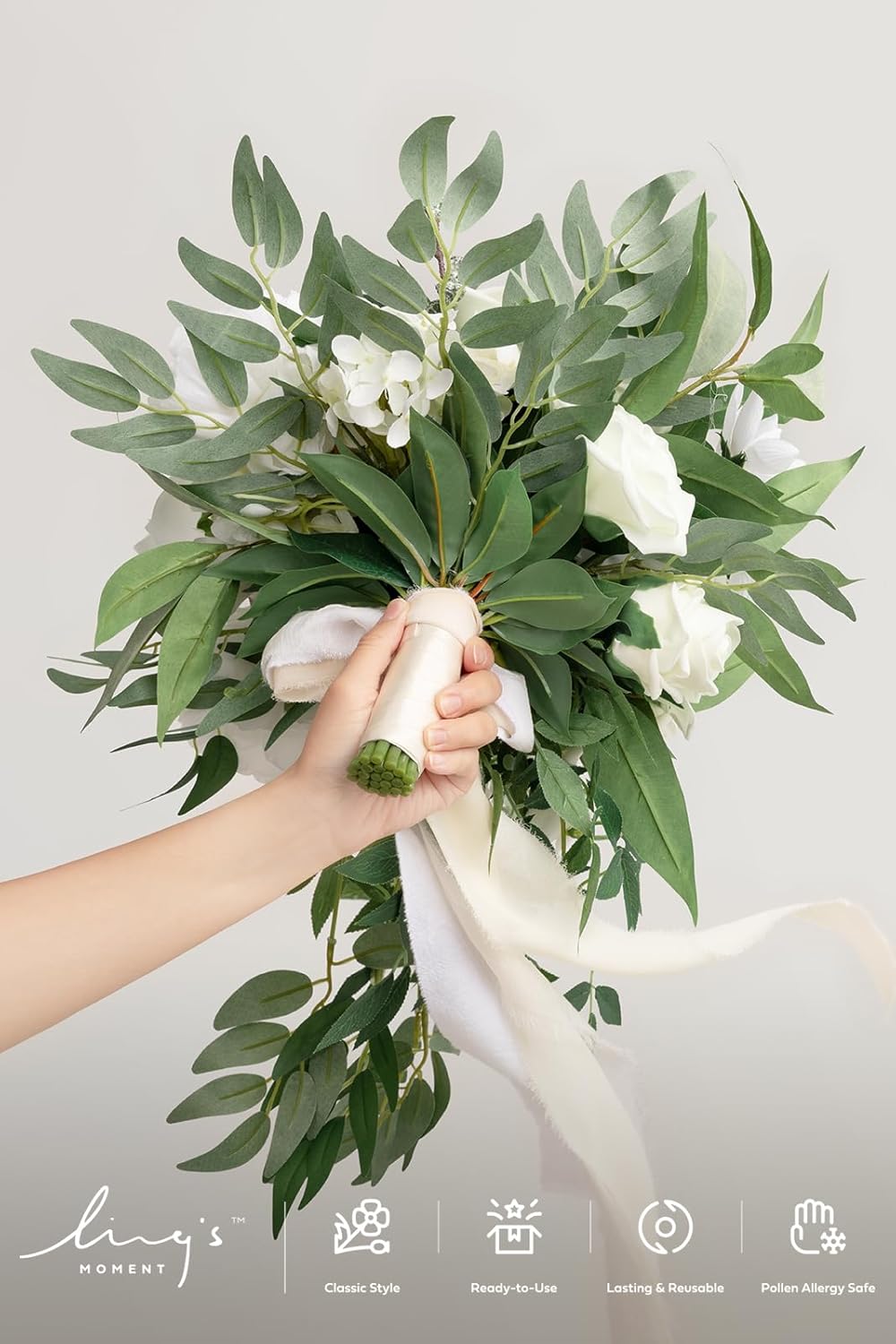 Ling's Moment White Bridal Bouquet Cascading, Ivory Wedding Bouquets for Bride, 15 Inch Bride Bouquets for Wedding Artificial Flowers Bouquets