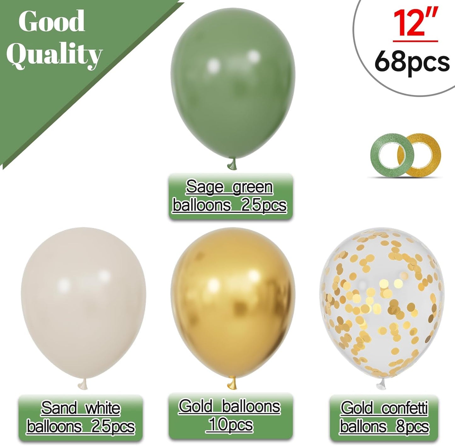 68Pcs Balloons Kit 12 Inch, Sage Green Balloon Sand White Metallic Gold Balloon Confetti with Ribbons, Party Balloons for Baby Bridal Shower Wedding Birthday Decorations.
