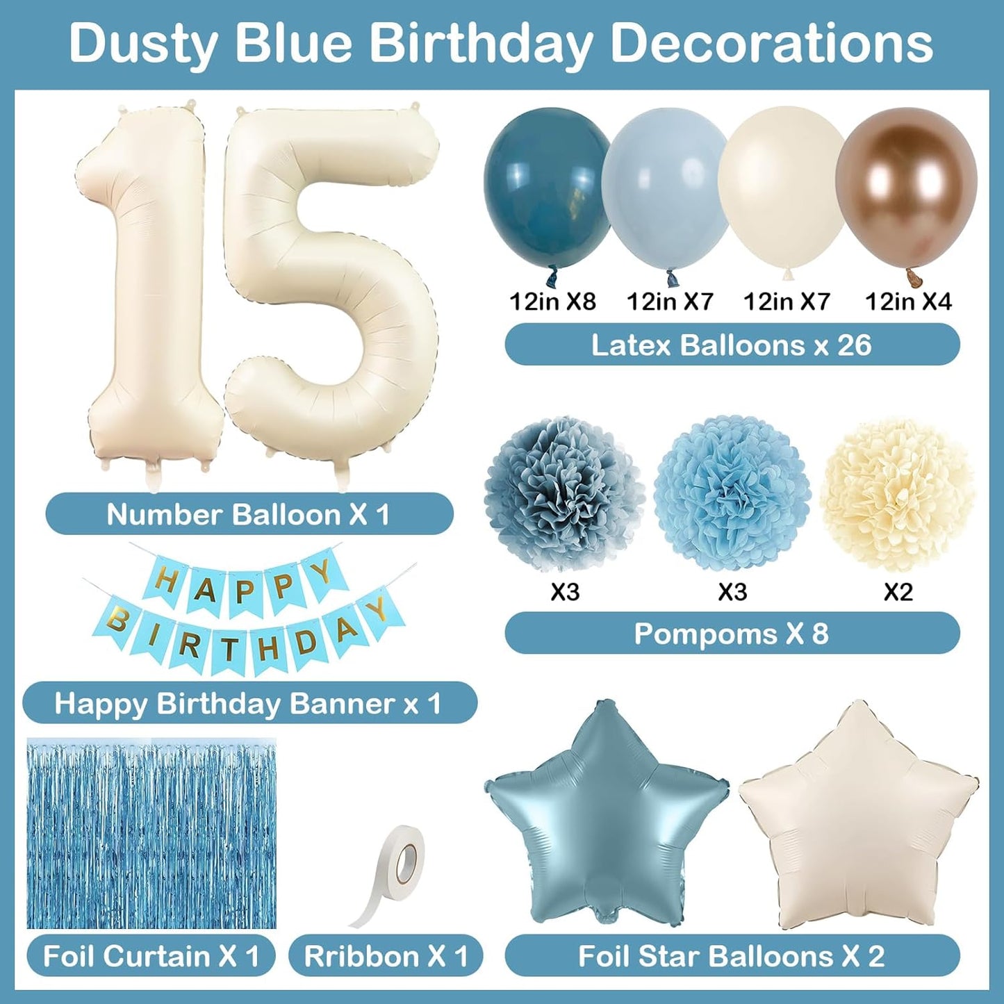 Dusty Blue 15th Birthday Party Decorations Boys Girls Beige Cream Number 15 Balloon with Blue Gold Happy Birthday Banner Fringe Curtain Paper Pom Poms Nude White Sand Champagne Star Foil Balloons