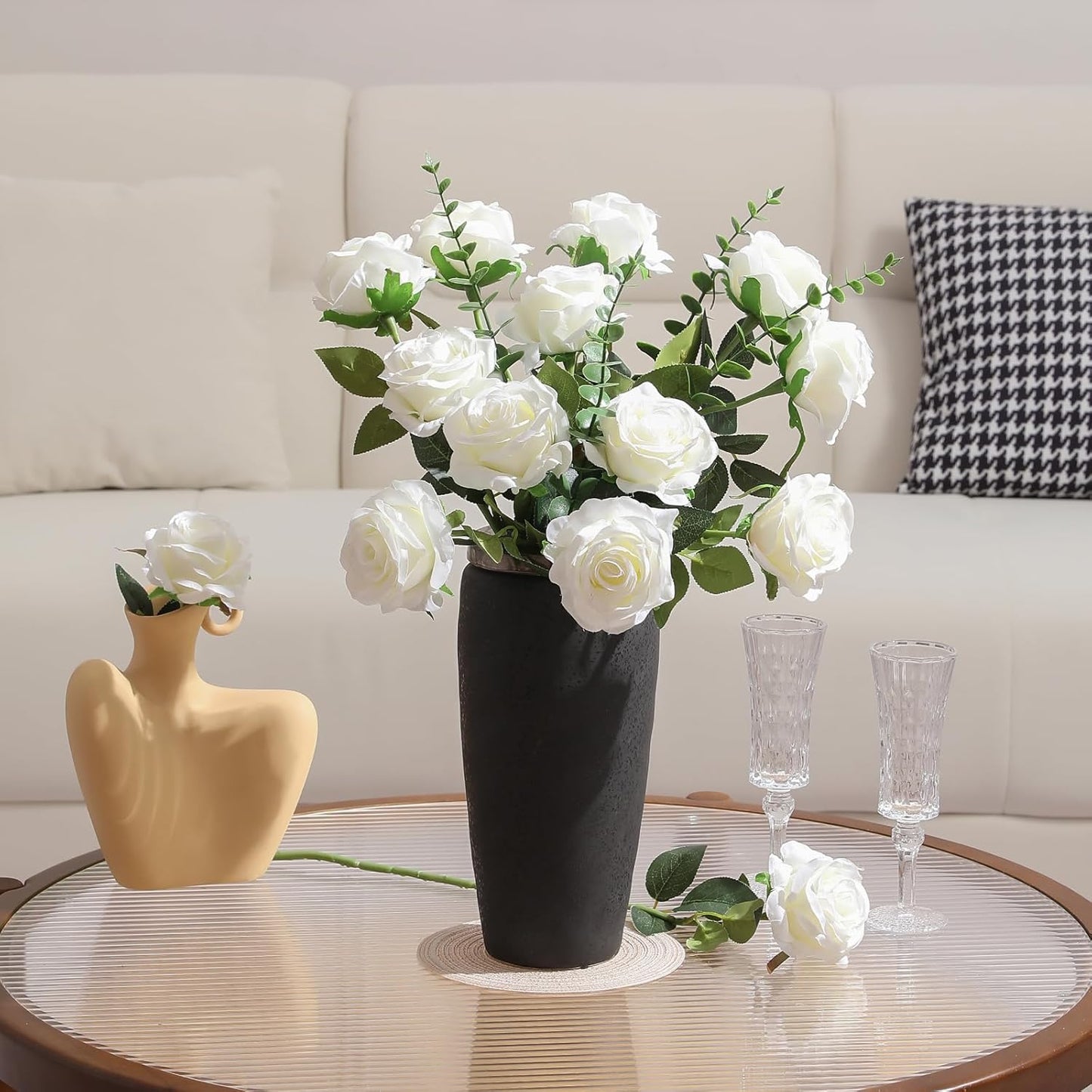 Tifuly White Roses Artificial Flowers -12 pcs Realistic Single Long Stem Fake Silk Roses Bouquet for Party Home Wedding Centerpiece Office DIY Decor（Off White）