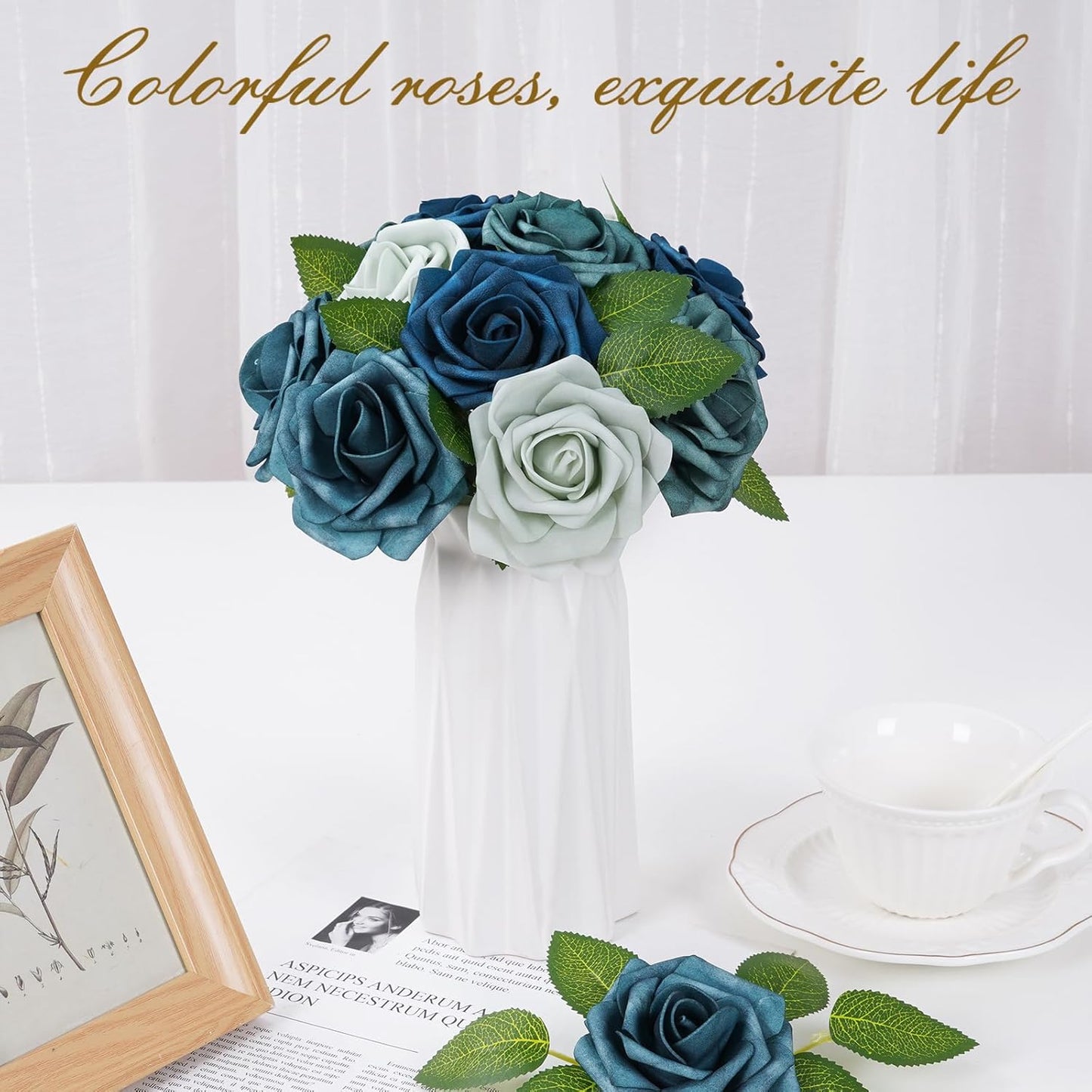 BLEUM CADE 36Pcs Artificial Flowers Fake Roses with Stems, Gradient Misty Blue Boxed Foam Roses for DIY Bouquets Centerpieces Wedding Party Arrangement Bridal Shower Decor