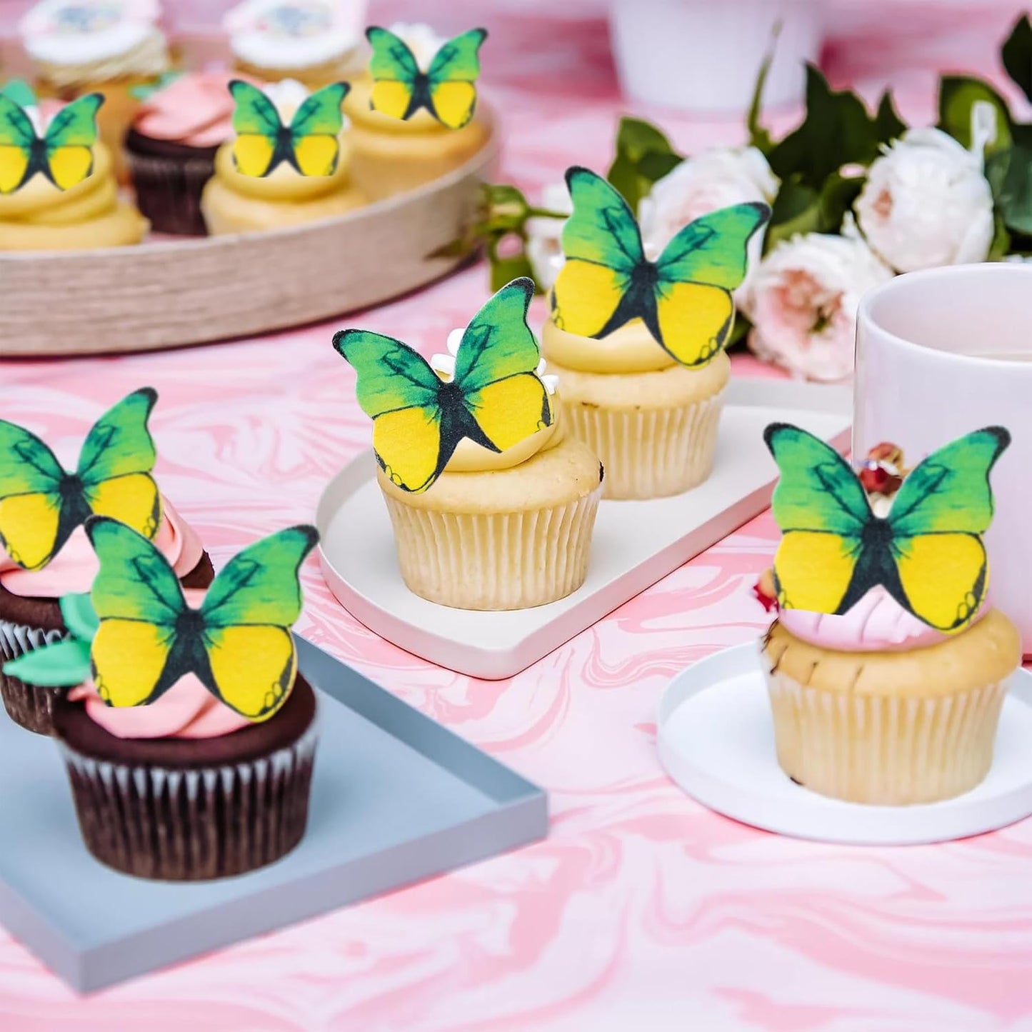 Ephlyn 48Pcs Edible 3D Cute Butterfly Cupcake Toppers for Baby Shower, Bridal Shower, Boys Girls Birthday Party Cake Decorations Supplies - Yellow, Green