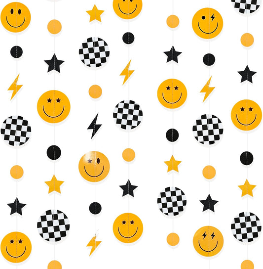 One Happy Dude 1st Birthday Decorations Black Yellow Smile Face Lightning Star Checkered Circle Dot Smiley Face Garland Streamer for Baby Shower First Birthday Wedding Hippie Party Decoration Supplies