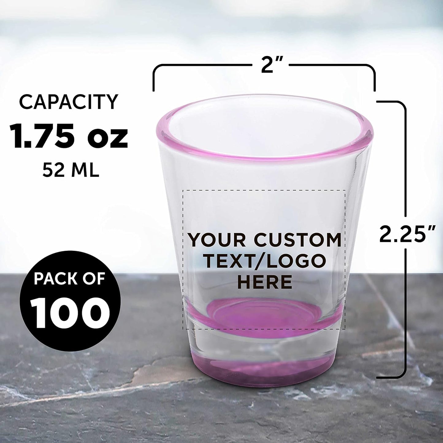 Custom Shot Glasses 1.75 oz. Set of 100, Personalized Bulk Pack - Great for Wedding Favors, Bachelorette Party Decorations, Party Fovors, Color Bottom - Pink
