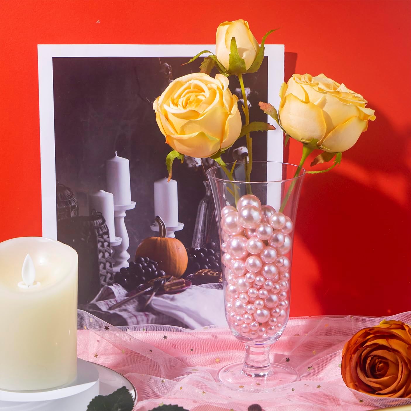 150Pcs Pink Polished No Hole Faux Pearl Beads for Vase Filling Decorations, Plastic Pearls Vase Fillers, Table Scatters, Wedding Centerpiece, Home Decor, 8/14/20 mm