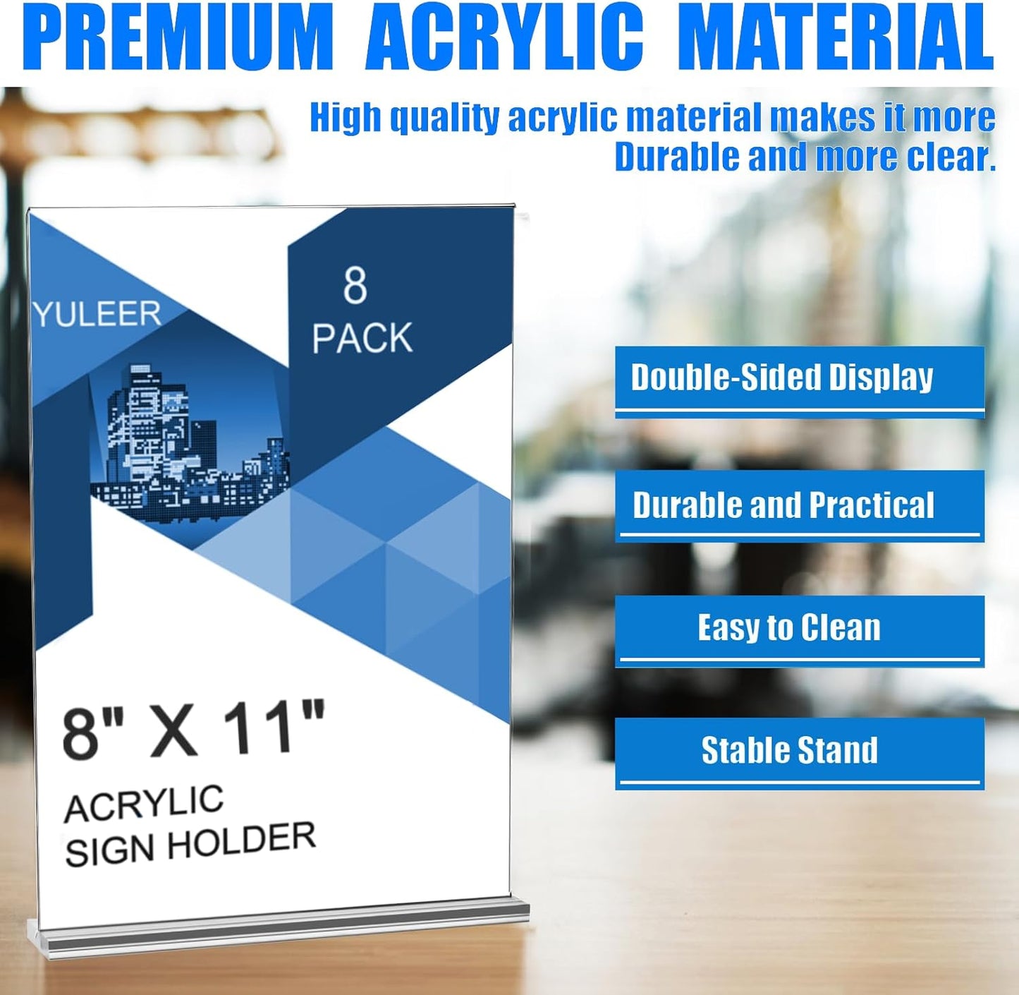 YULEER 8 Pack Acrylic Sign Holder 8.5x11, Clear Double-Sided Display Stand, Plastic Paper Frame for Menu, Flyer, Picture, Office Desk, Wedding Sign Holders