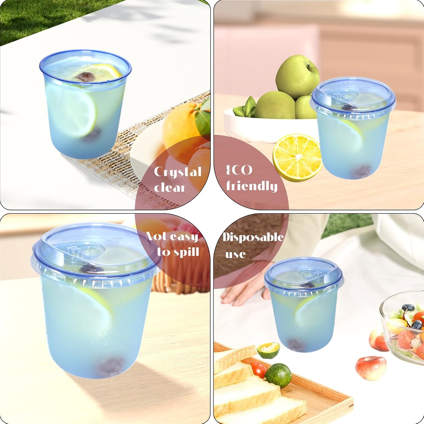 12oz Disposable Stemless Glasses With Strawless Sip Lids,PET Disposable Drinking Cups,Clear Plastic Wine Glasses for Parties Birthday,Wedding,Meeting,Christmas Party Supplies. (100, Blue)