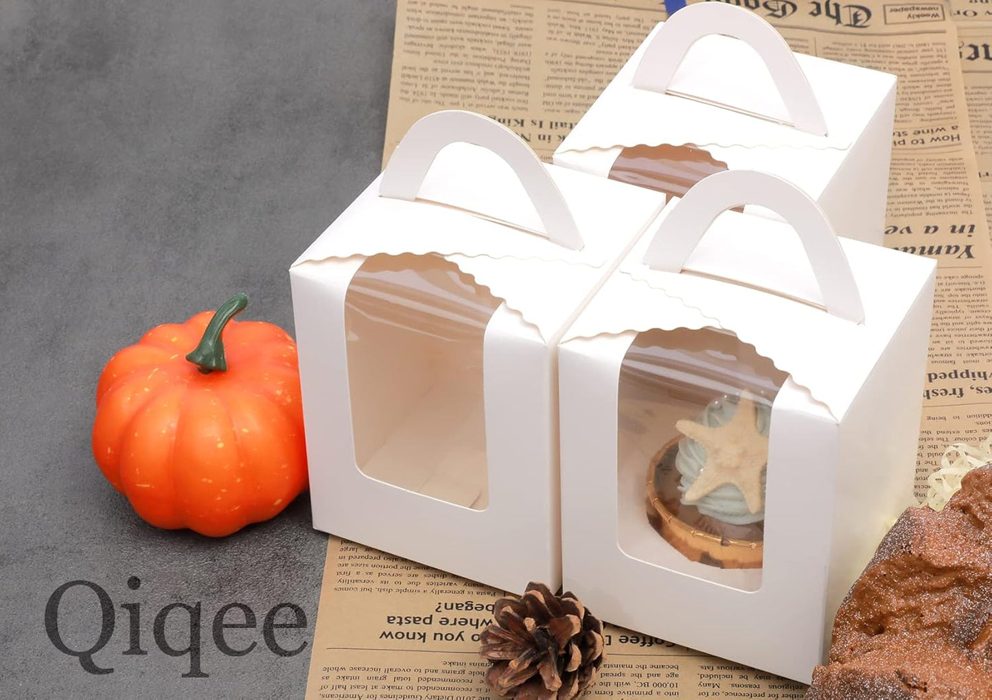qiqee 100Packs Cupcake Boxes Individual Cupcake Holders Disposable White Single Cupcake Boxes with Window 3.7 * 3.7 * 4.5inch Cupcake Containers