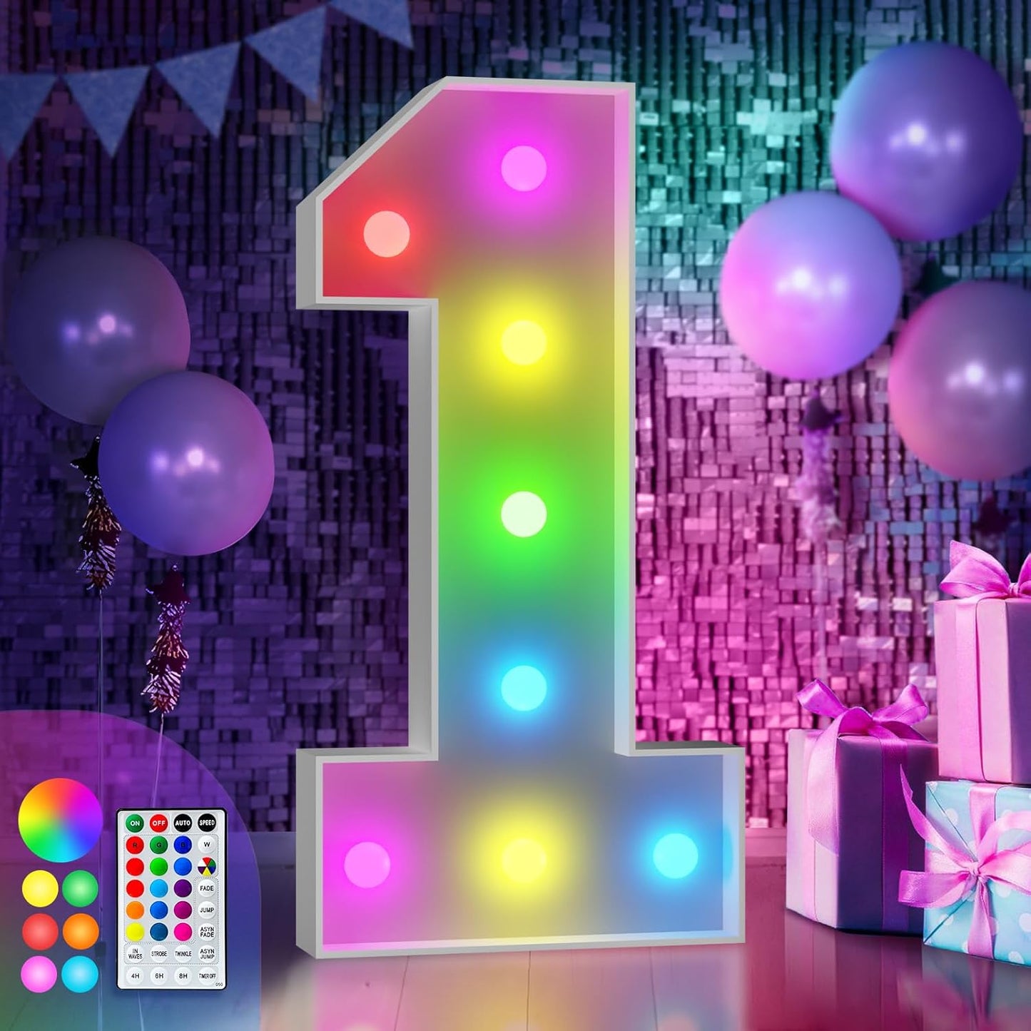 imprsv 3FT Colorful Marquee Numbers,18 Colors Number 1 with Remote, Light Up Numbers Sign for 1st Birthday Decorations Anniversary Party Decor, Pre-Cut Foam Board Kit, Mosaic Sign for Balloon